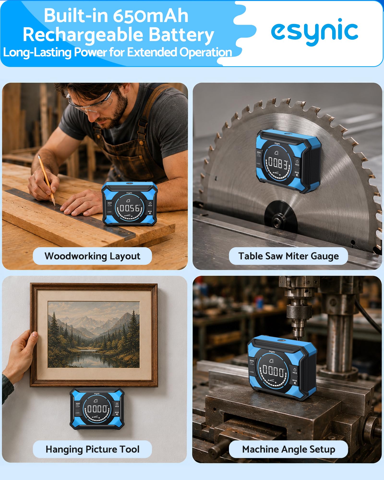 eSynic Inclinómetro Digital 3 en 1 con Láser, Transportador de Ángulos Magnético Recargable por USB-C, Precisión ±0.1°, Pantalla LED, 4×90°/2×180°, para Cuadros, Azulejos y Carpintería