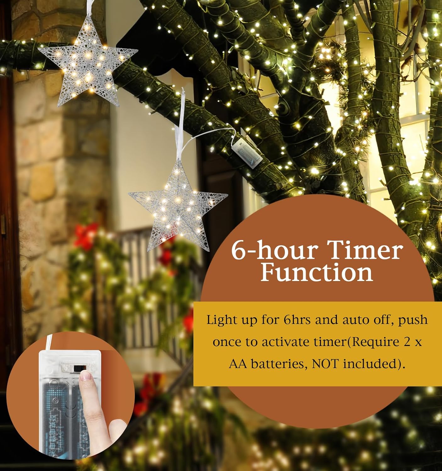 2 Pack Hanging Light Star Shape, 7.87 Inch Lighted for Christmas Decorative Hanging Ornament, Battery Operated Iron Wire LED Decor Light for Xmas Holiday Room Home Party, Timer Function,Silver