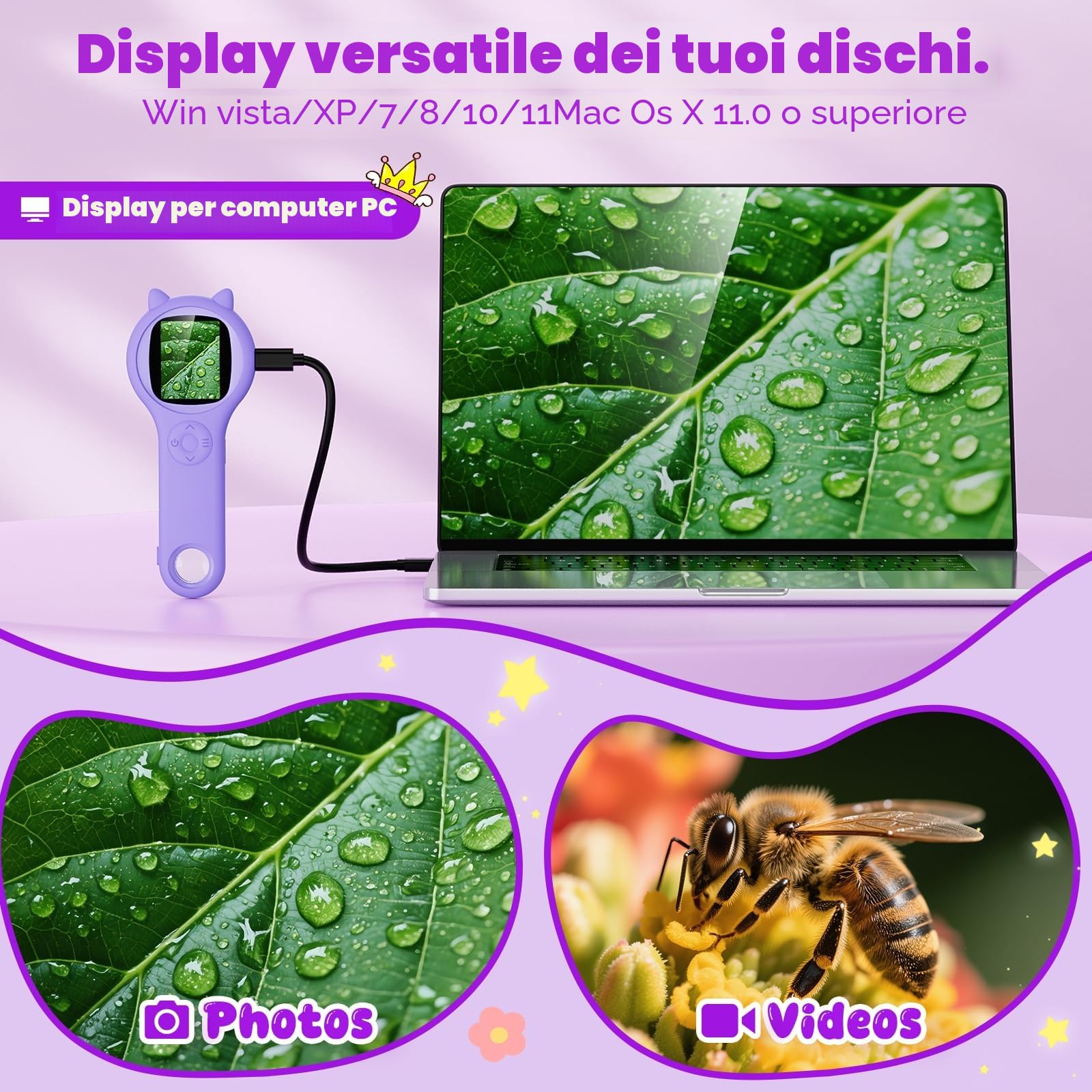 Microscopio per Bambini 200X - 2 Pollici Portatile Con 8 LED Regolabili, Digitale Con Registrazione Foto e Video, Regalo di Natale per 3-12 Anni (Viola)