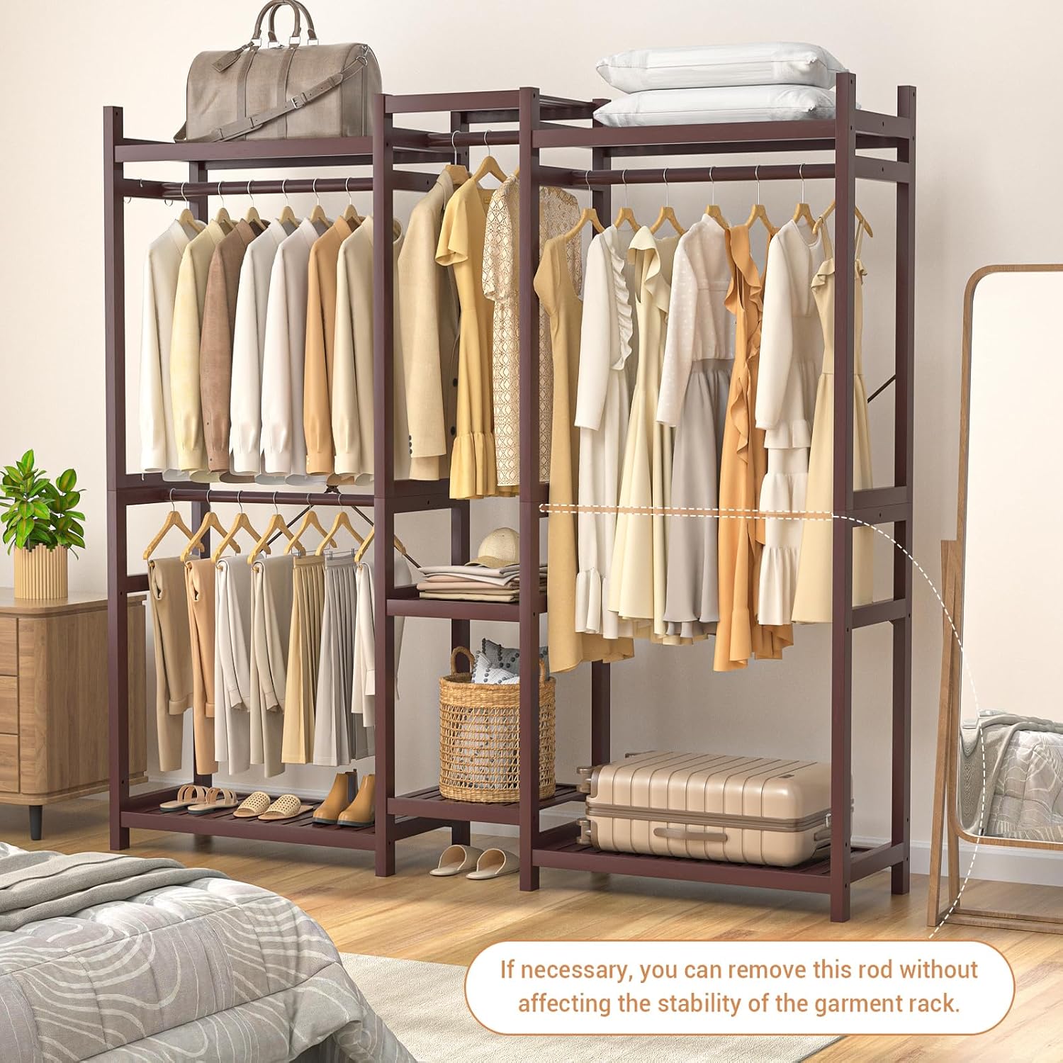 Homykic Bamboo Closet System showing a removable hanging rod for flexible storage options