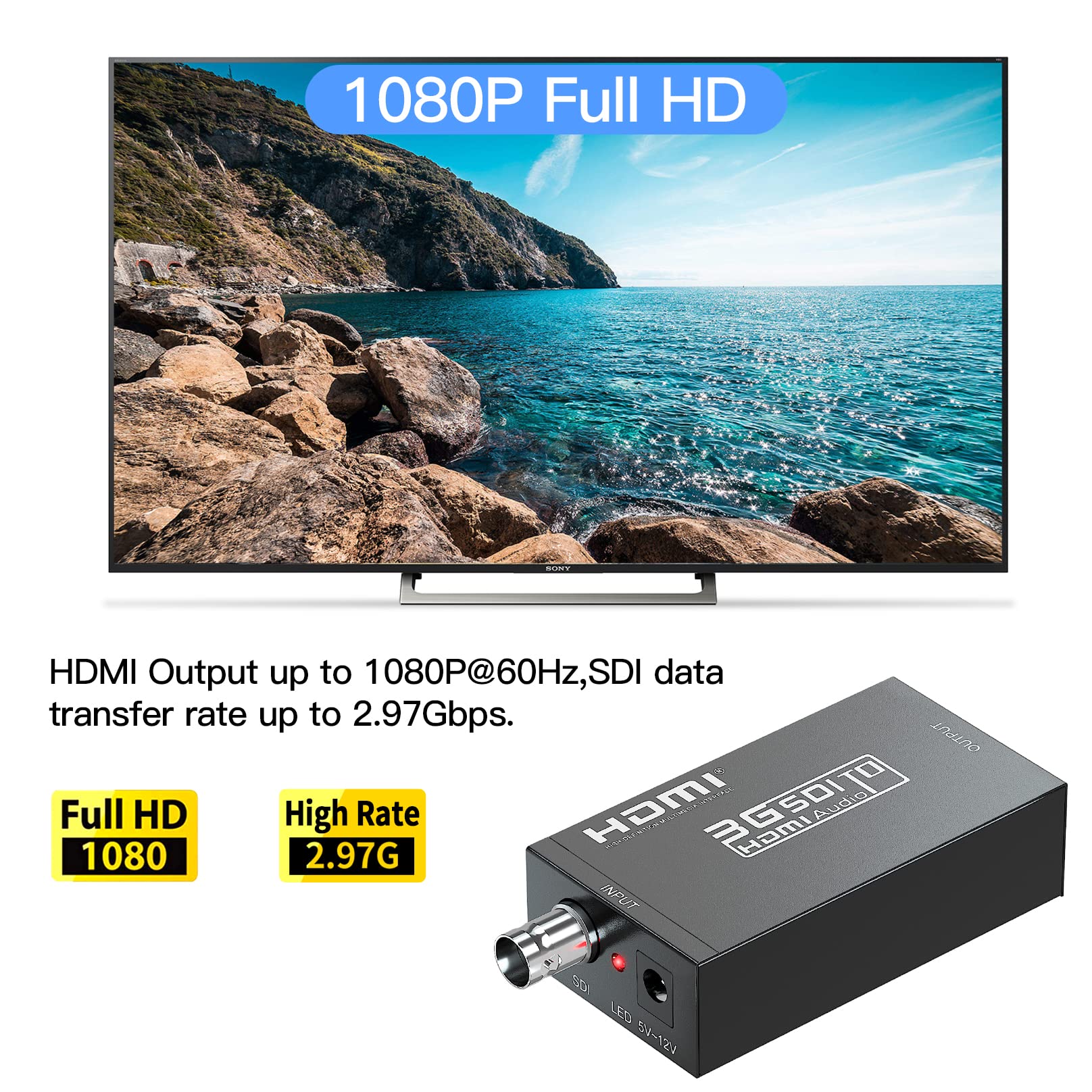 Convertitore da SDI a HDMI, 1080p HD-SDI/3G-SDI/SD-SDI a HDMI Video Audio Converter, adattatore BNC a HDMI per proiettore SDI