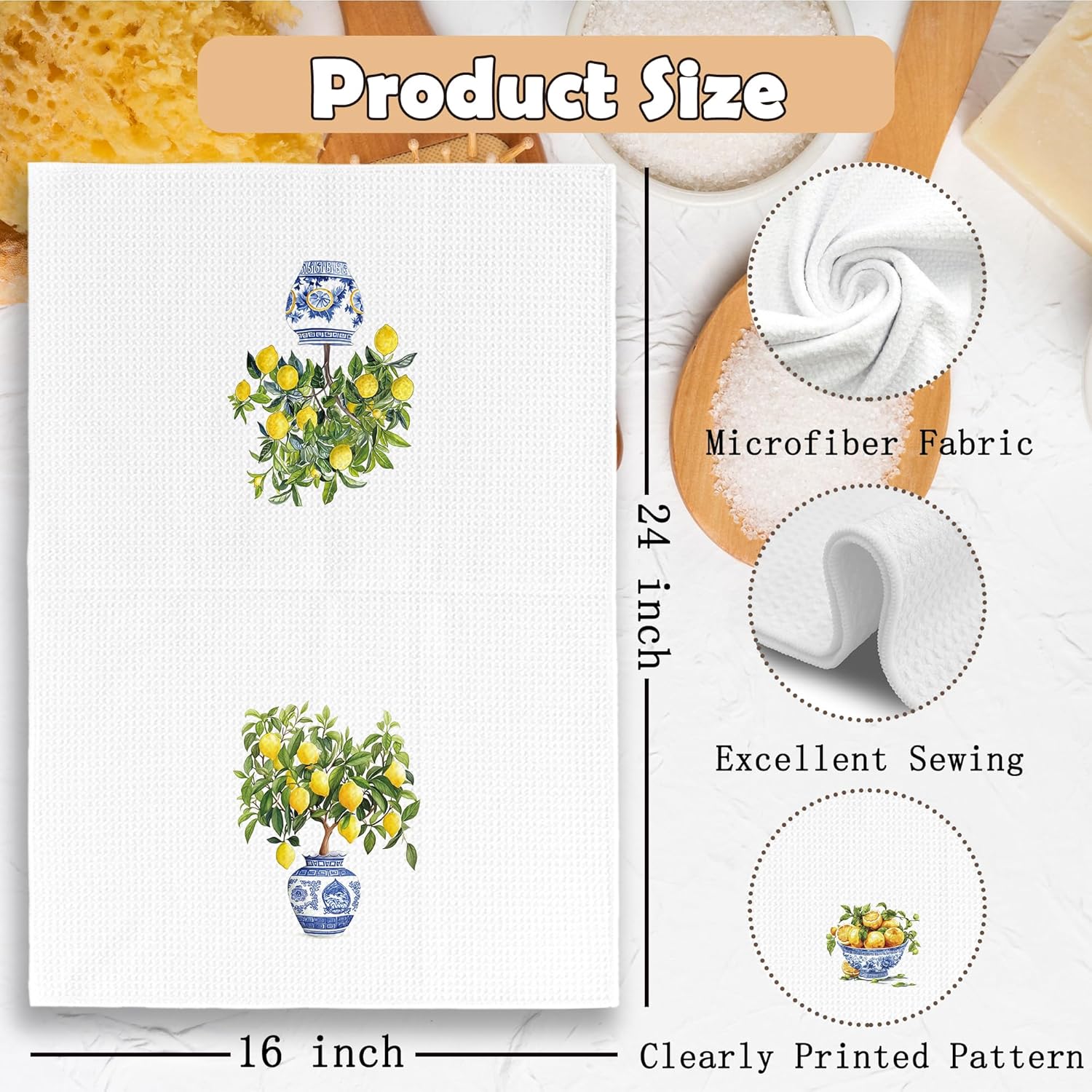 Chinoiserie Decor Kitchen Towels Lemon Chinoiserie Dish Towel 16x24 Inches, Blue and White Chinese Vase Decorative Absorbent Dishcloths Tea Towels Set of 2 for Kitchen Bar Cart Decor - Image 6