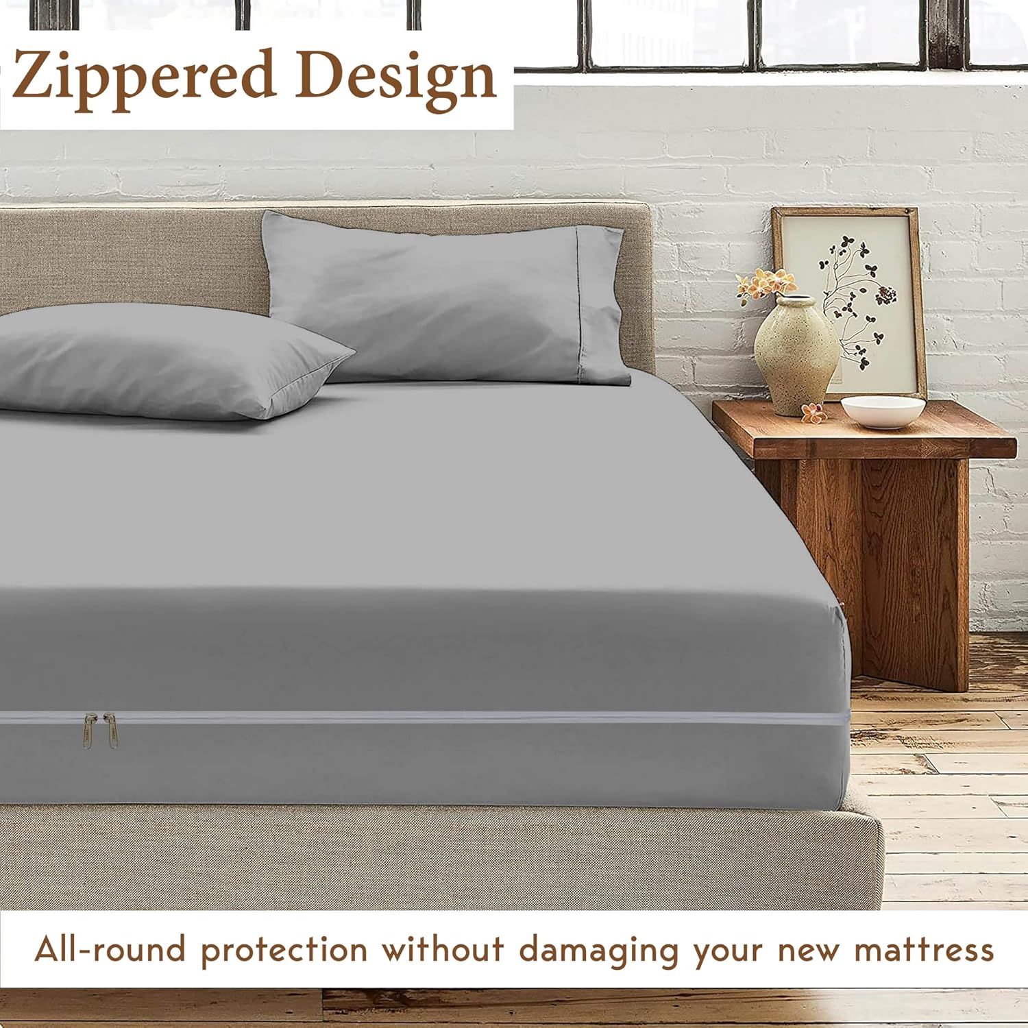 Zipper Fitted Sheet - Queen Size, 12 Inch Deep Pocket, Hotel Quality Brushed Microfiber Bottom Sheet, Soft Wrinkle-Free, Shrinkage and Fade Resistant, 1 Fitted Sheet Only (Light Grey)