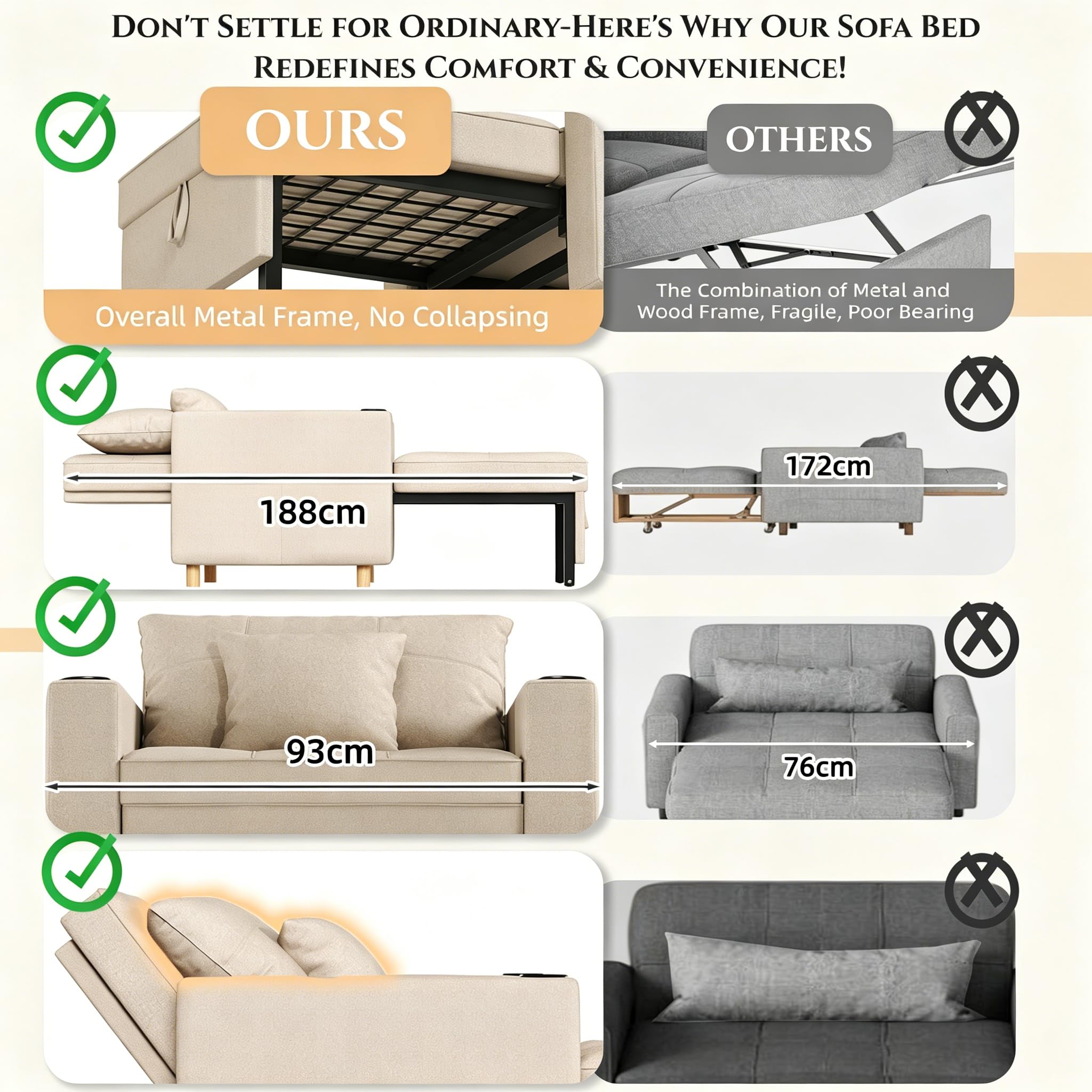 YODOLLA Schlafsofa, 93cm Extrabreit Schlafsessel mit Bettfunktion, Verstellbarer Rückenlehne, Getränkehalter, 3-in-1 Schlafcouch Einzelsessel mit Bettkasten&Schlaffunktion für Wohnzimmer, Beige