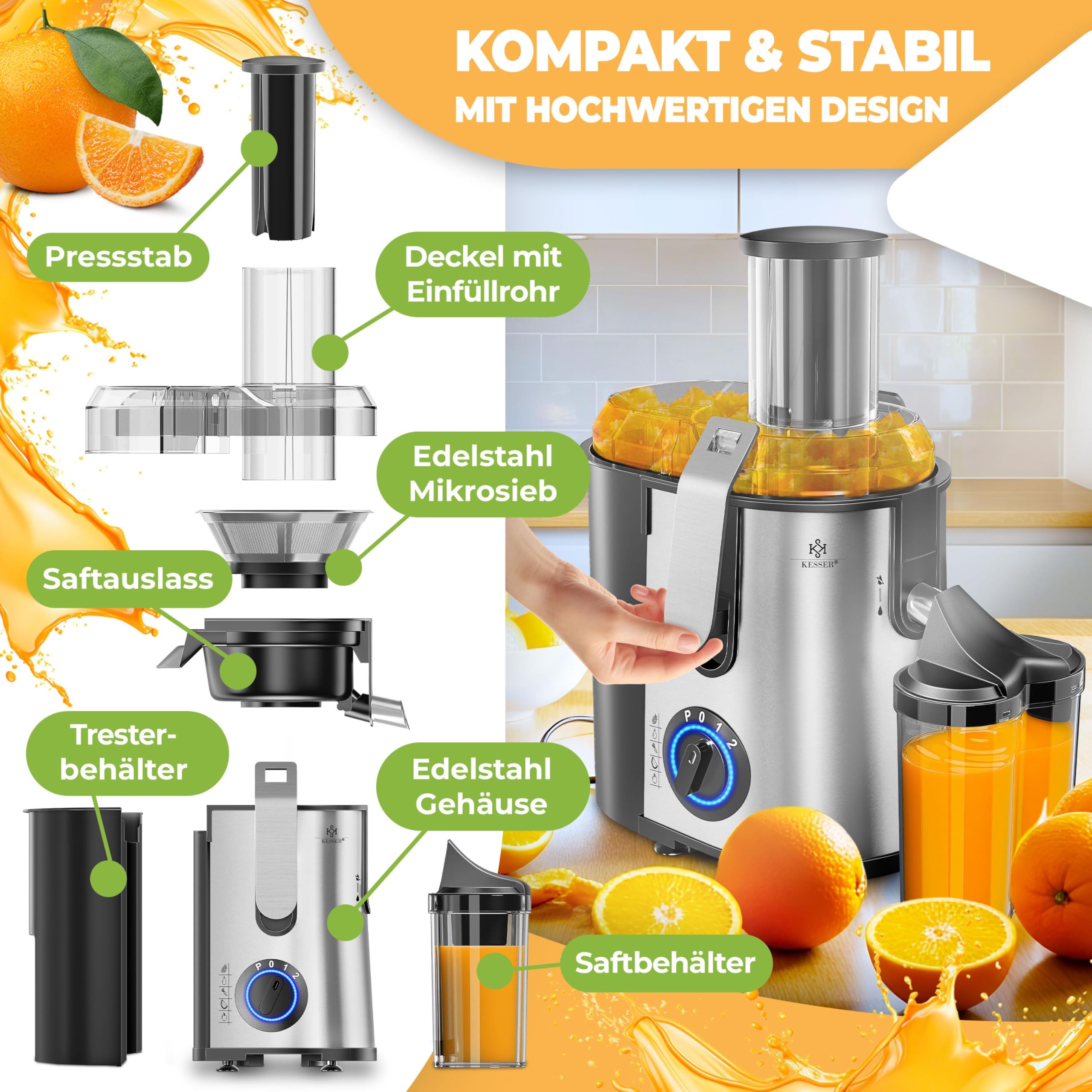 KESSER Zentrifuge Entsafter 1100W Edelstahl, Große Fütterungsröhre, 3 Stufen, Elektrische Saftpresse, Grau/Silber