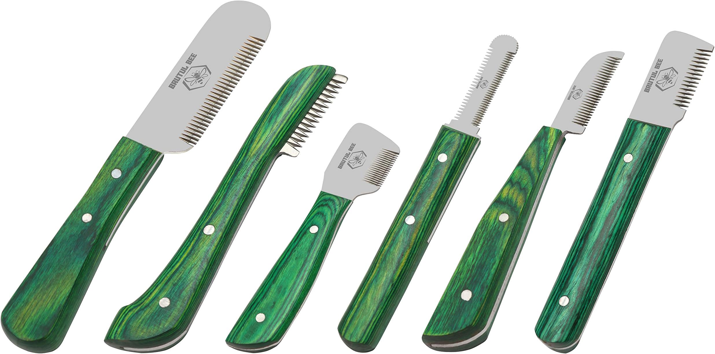 Brutul Bee Dog Grooming Coat Stripping Knife Stripper Trimmer Tool Wooded Handle Stripping Knives Set of 6 in Stainless Steel Non-Slip Tools for Grooming Dogs (Green)