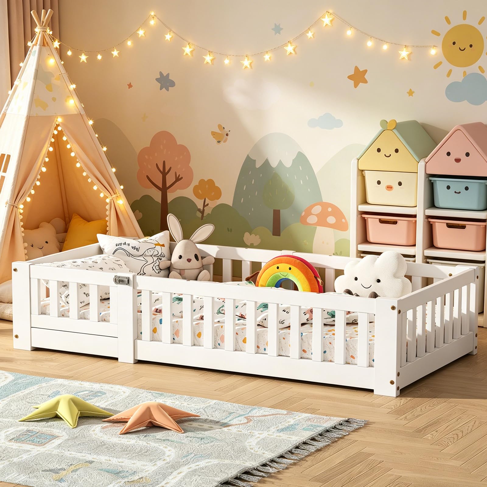 Bodenbett 90x200 cm Kinderbett mit Rausfallschutz und Lattenrost, Montessori Bett für Kinder, Kiefer Massivholz, weiß (Weiß, 90 x 200 cm)