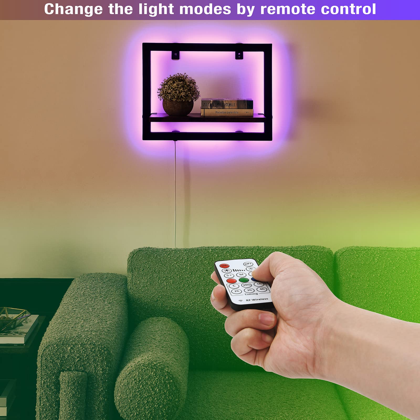 HUSFITLY RGB Floating Display Shelf with Built-in Illuminated Lights Wall Mounted Light-Emitting Shelf Lighted Display Shelf, Hanging Shelf for Living Room, Bedroom, Kitchen (15” Rustic Brown)