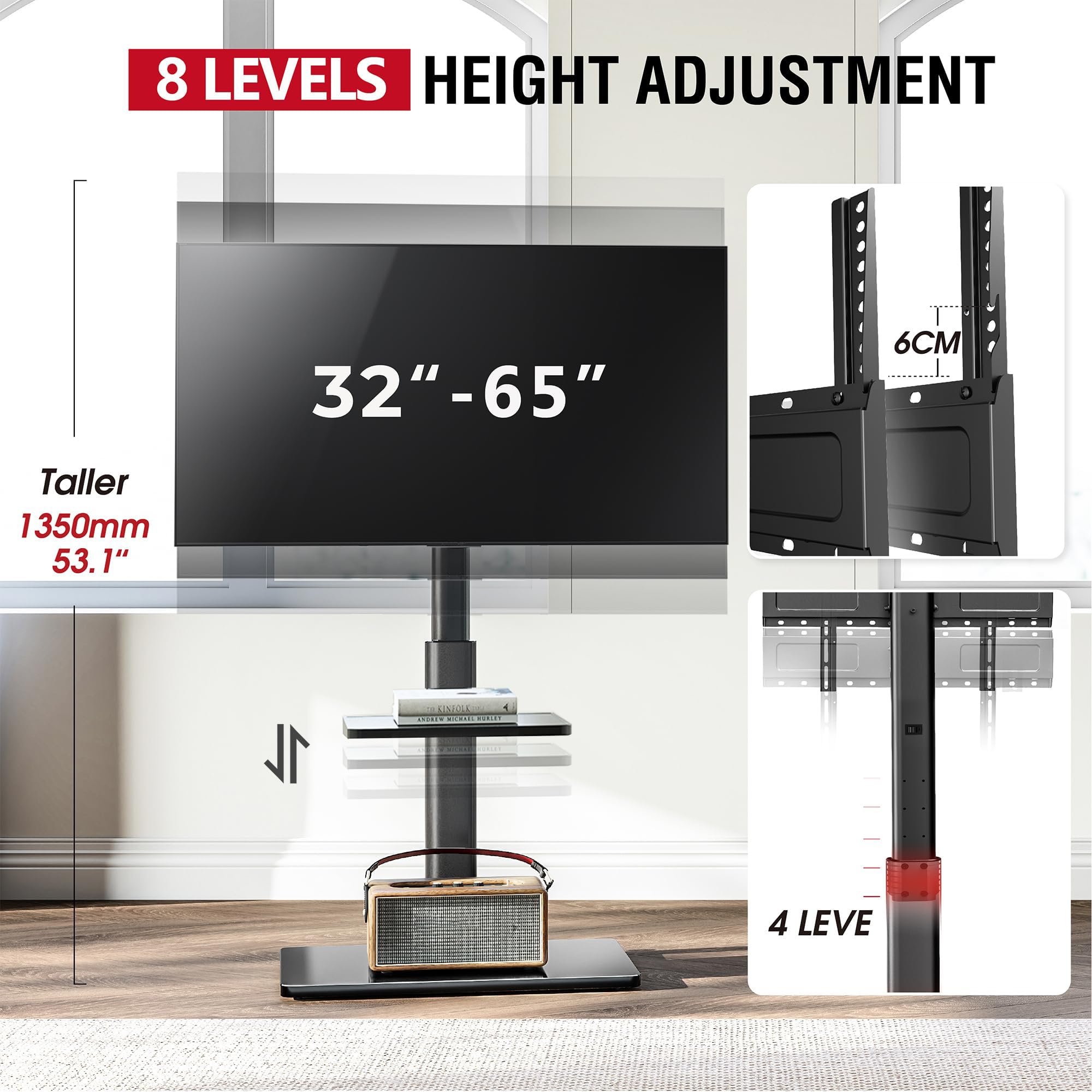 Soporte de TV de suelo con giro de 60 grados, soporte de suelo para televisores de 32 a 65 pulgadas de hasta 88 libras con inclinación, soporte de TV alto ajustable de altura de 8 niveles con 5