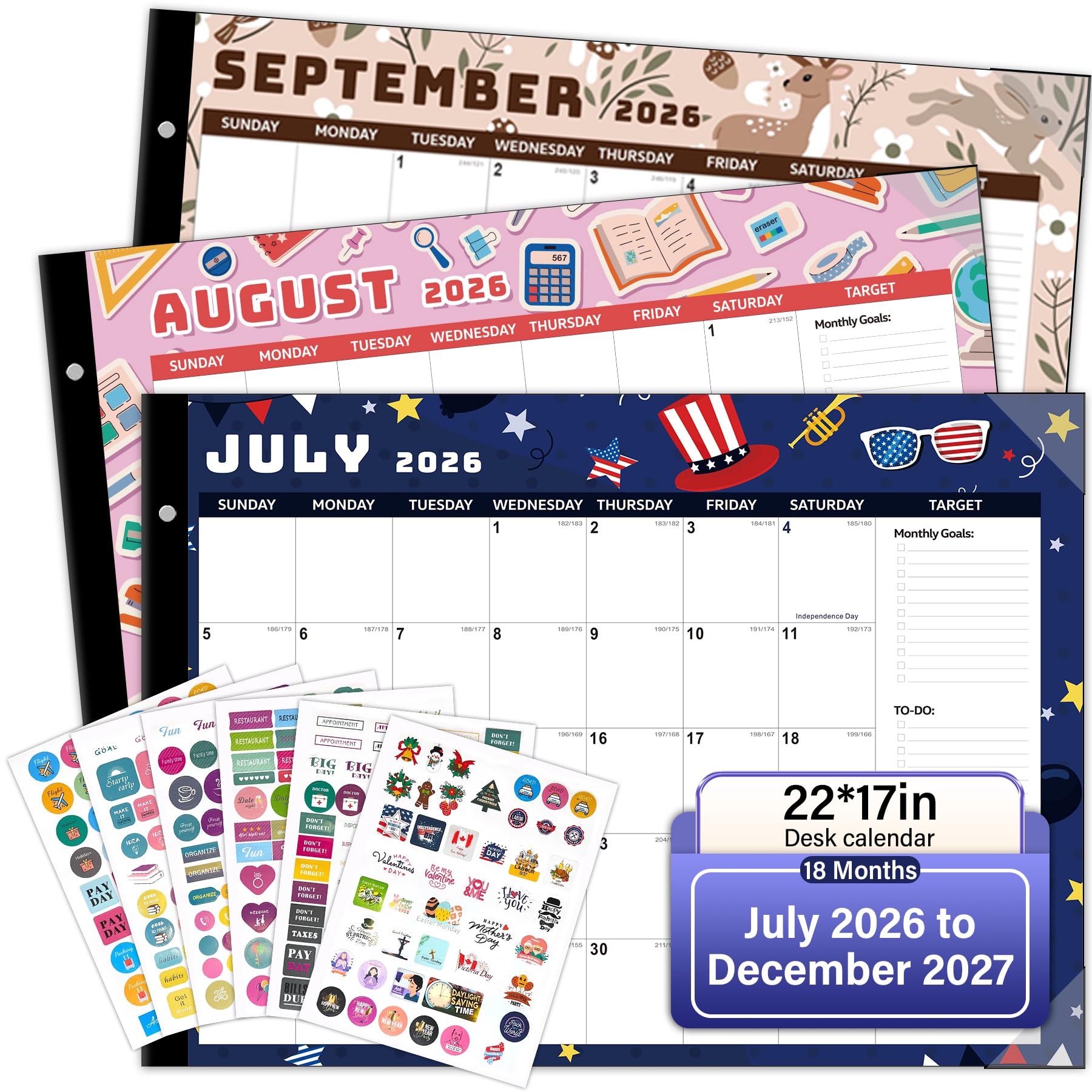Schreibtischkalender 2026–2027, monatlich, Schreibtischunterlage, 18 Monate von Januar 2026 bis Juni 2027, extra groß, 55,9 x 43,2 cm, Terminplaner, bunte saisonale Designs, inklusive Aufklebern