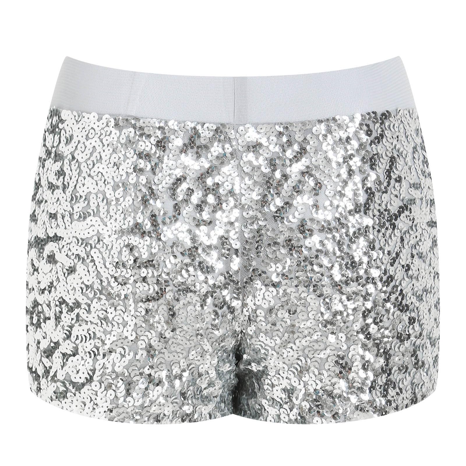 Pailletten Shorts Damen Hohe Taille Gerades Bein Metallic Hotpants Tanz Karneval lockere Stretch Yogahose mit Farbkontrast Kurz Pailletten Glitzer Shorts Glänzend Kurz Hose Sexy Hotpants