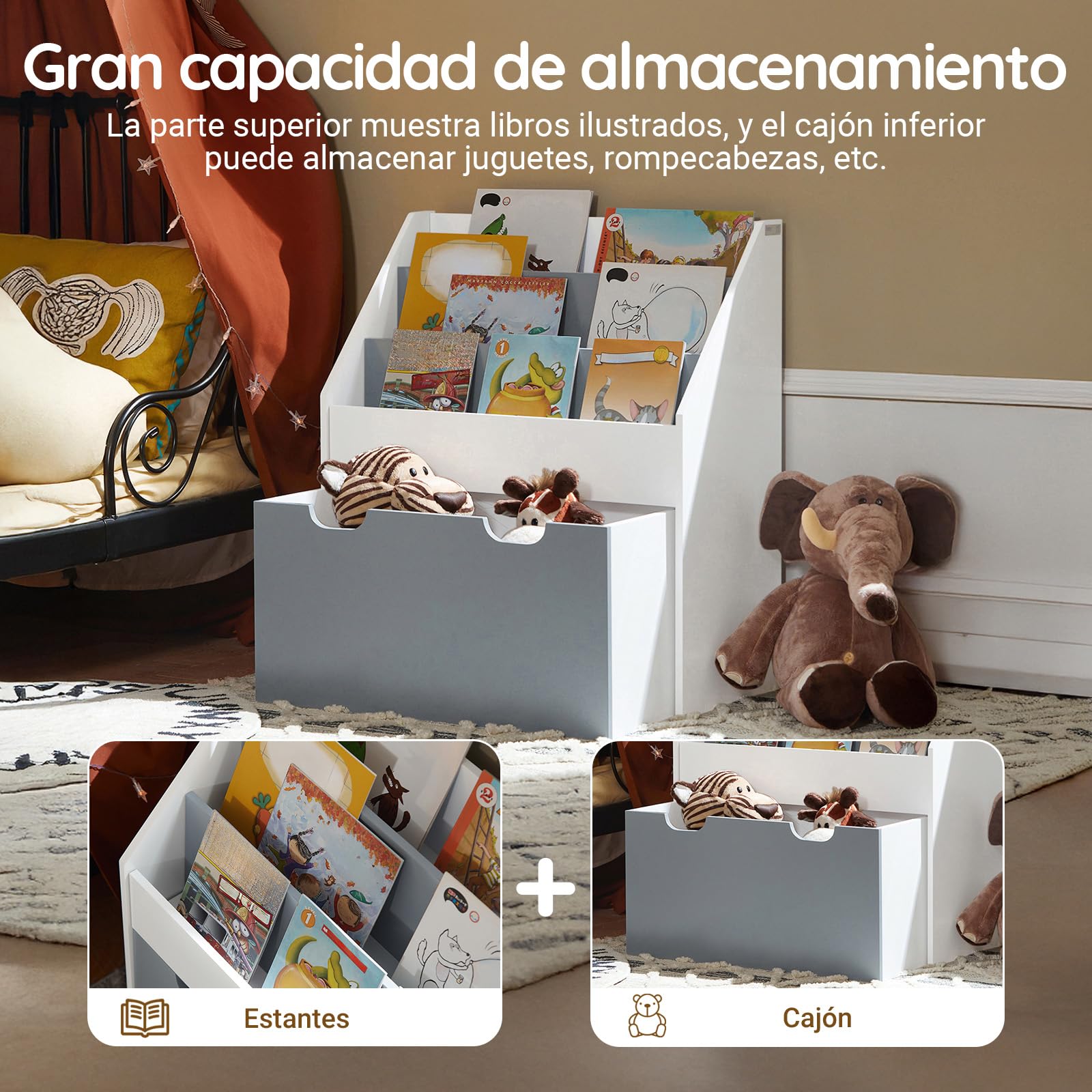 SoBuy Bibliothèque Enfant, Meuble Rangement Enfant avec 3 Niveaux et 1 Boîte de Rangement, Étagère Livre et Meuble Rangement Jouet pour Chambre, Coffre a Jouet, Blanc/Gris 62,5x30x70cm KMB17-HG