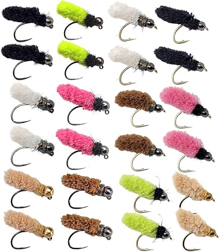 Surtido de 24 moscas de trapeador | Plantilla de fregona de tungsteno y ganchos de púas | Moscas de pesca con mosca para trucha tamaño #10