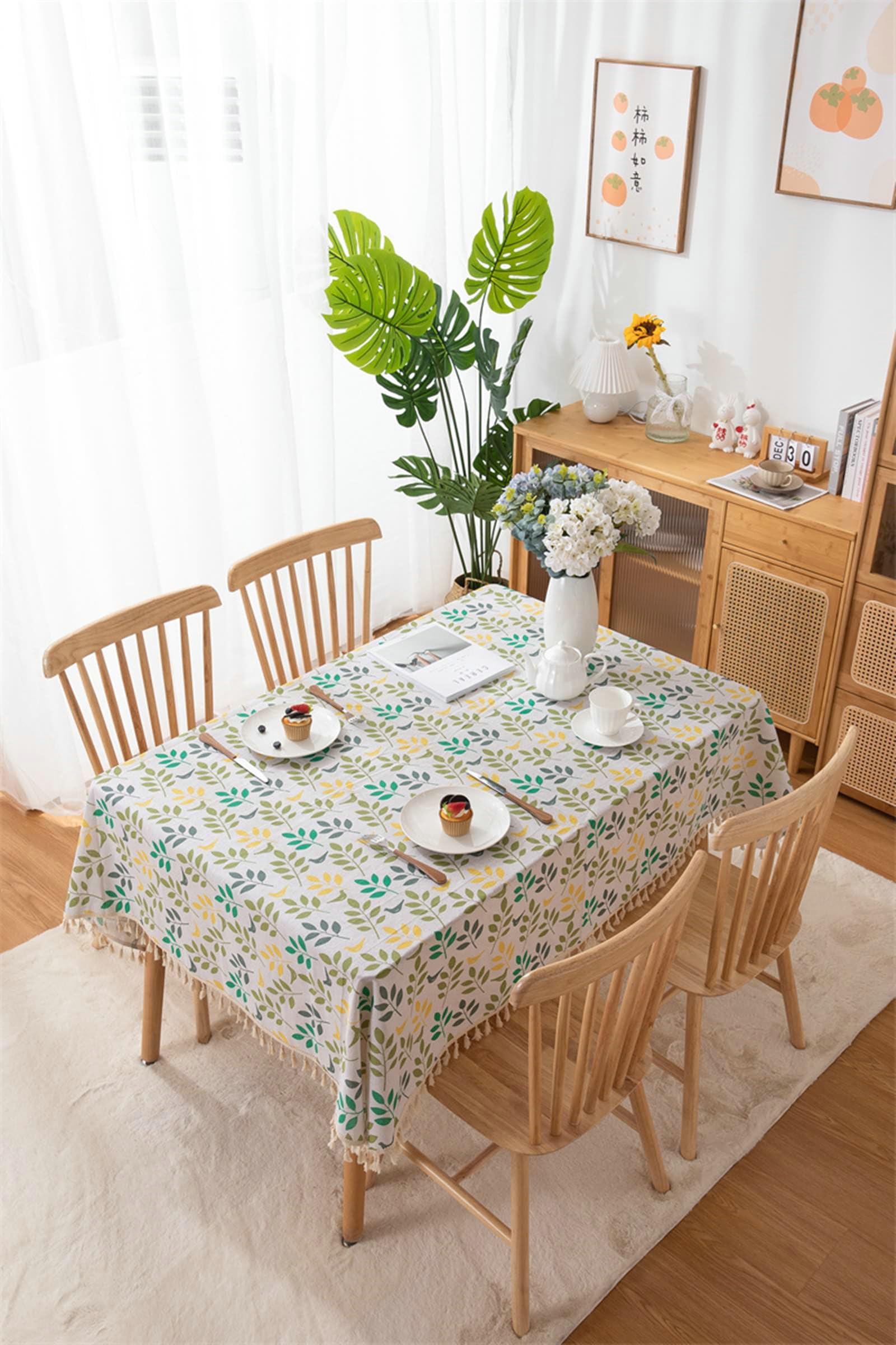 Gualiy Manteles Cuadrados Restaurante, Poliéster Algodón Manteles Mesa 140x260CM Mantel de Mesa Lavable Hojas Estampadas con Borlas Manteles para Mesa de Centro, Colorido