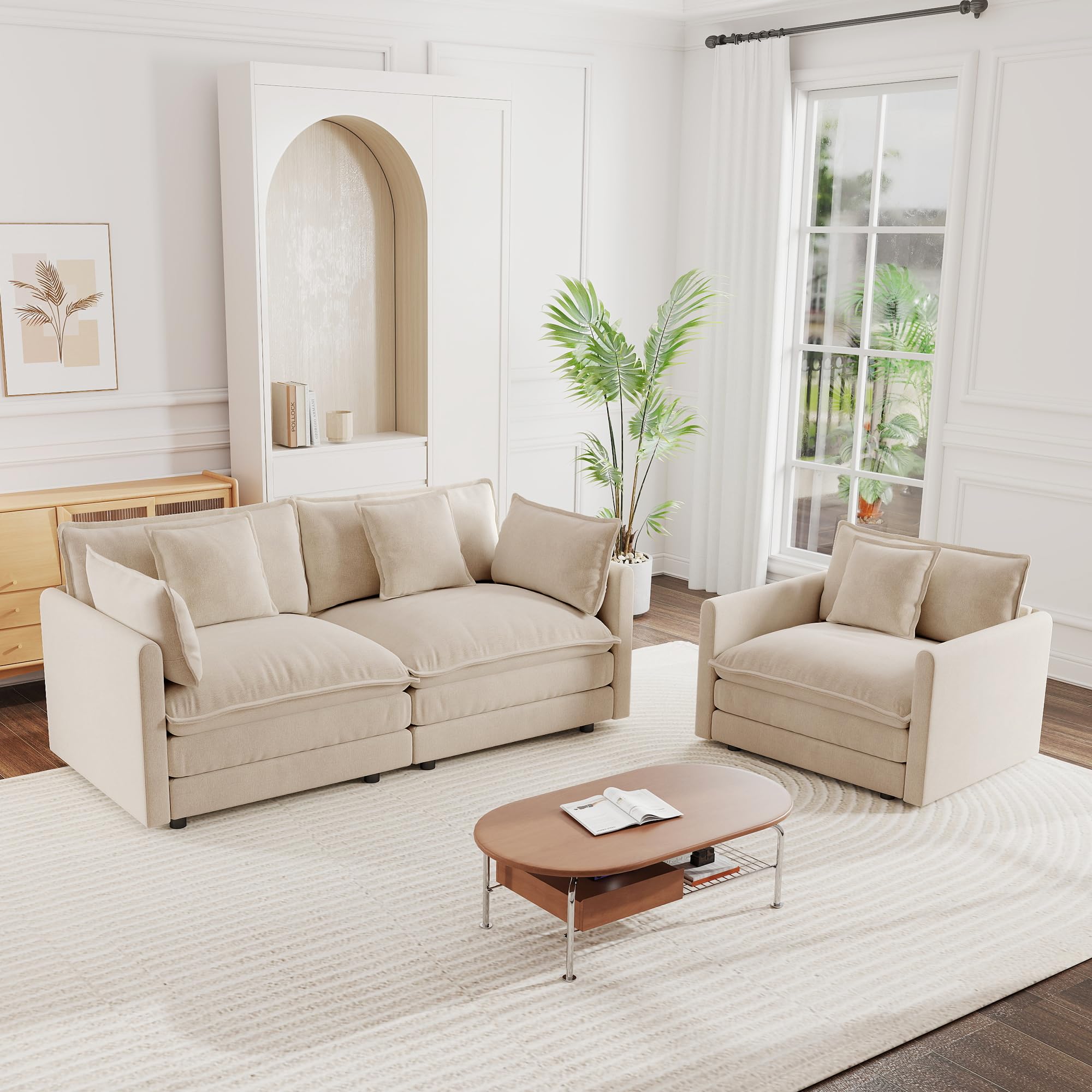 mikibama Luxury 2 Piece Loveseat Couch & Sofa Armchair Set, Modern Upholstered Chenille Cloud Couches Set Furniture with 5 Pillow for Living Room