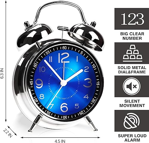 Miniatura 2 de AYRELY Reloj despertador súper ruidoso para adultos que duermen pesadamente, doble campana, retro, de 4 pulgadas, silencioso, sin tictac, cuarzo con