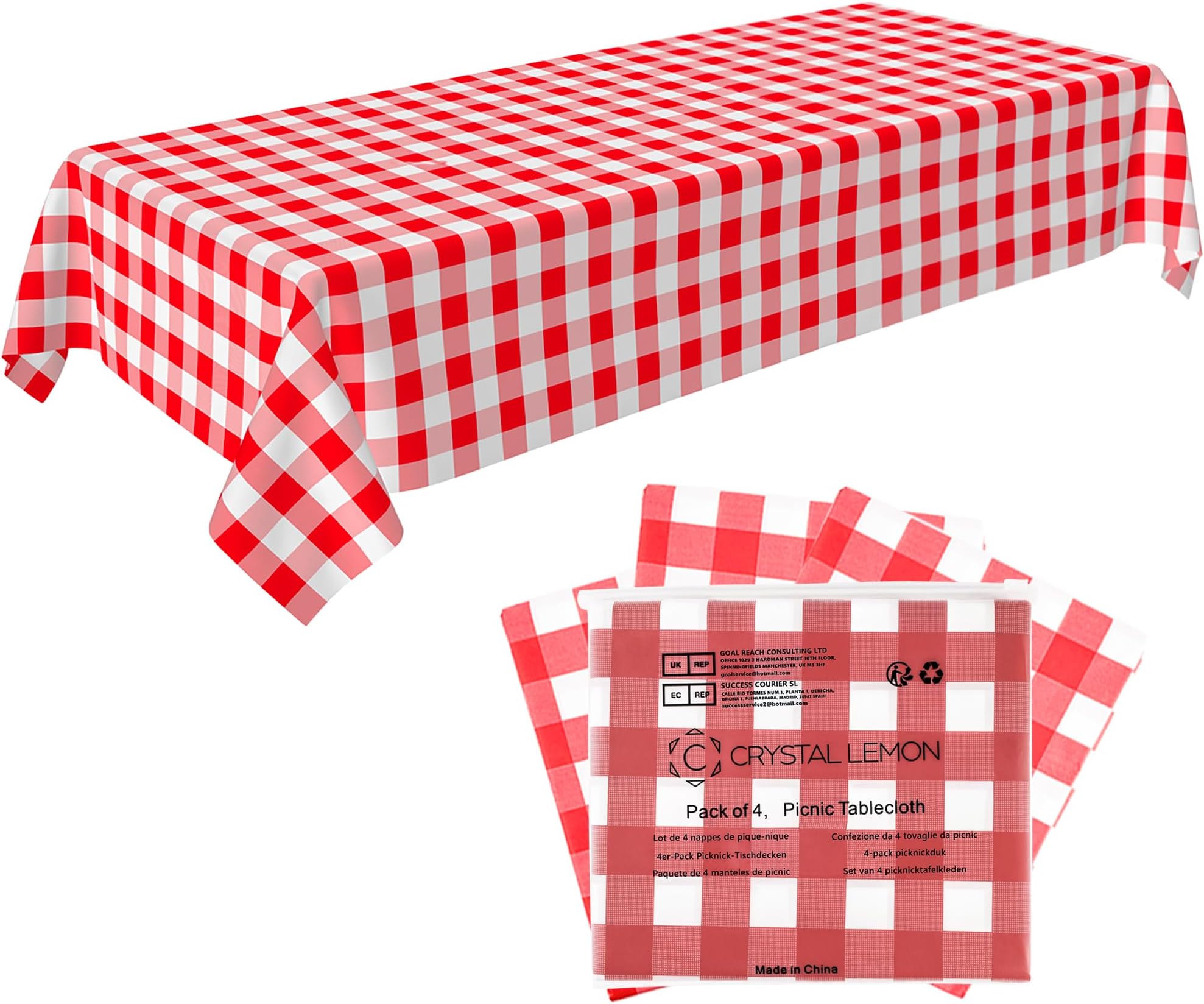 C CRYSTAL LEMON Disposable Picnic Tablecloths Pack of 4 – Red & White Gingham Vinyl Table Covers, Waterproof & Wipe Clean, Ideal for BBQs, Garden Parties & Events