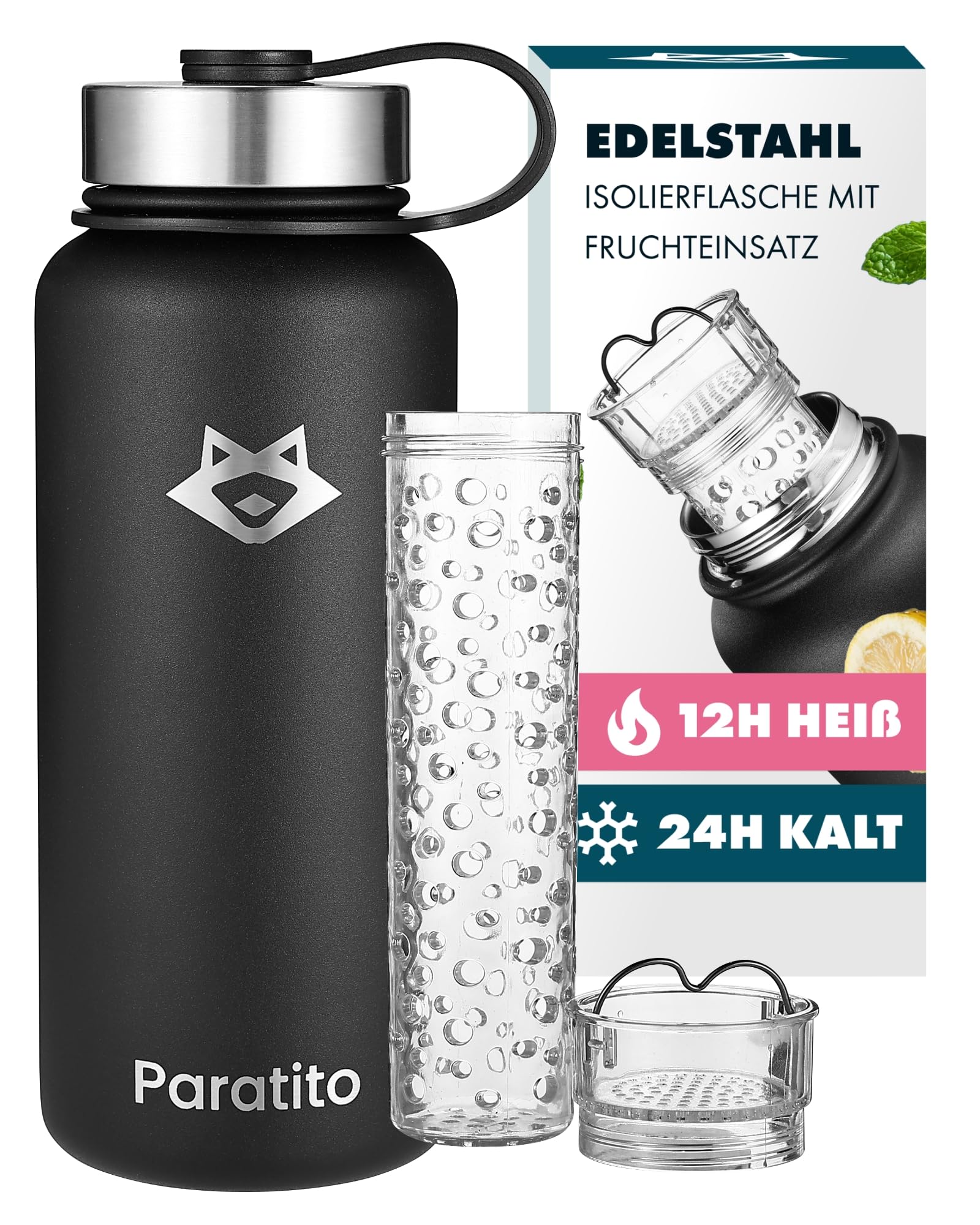 Trinkflasche isoliert mit Fruchteinsatz 1L, Isolierflasche Edelstahl, auslaufsicher, für Wasser mit Geschmack, Kohlensäure geeignet, spülmaschinenfest (Frucht Bundle Schwarz)