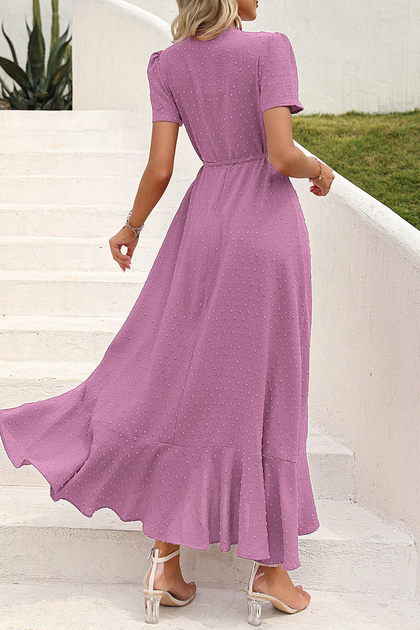 PRETTYGARDEN Women's Boho Floral Maxi Dress Summer Short Sleeve Wrap V Neck Long Flowy Beach Vacation Wedding Guest Dresses: Z_purple Large