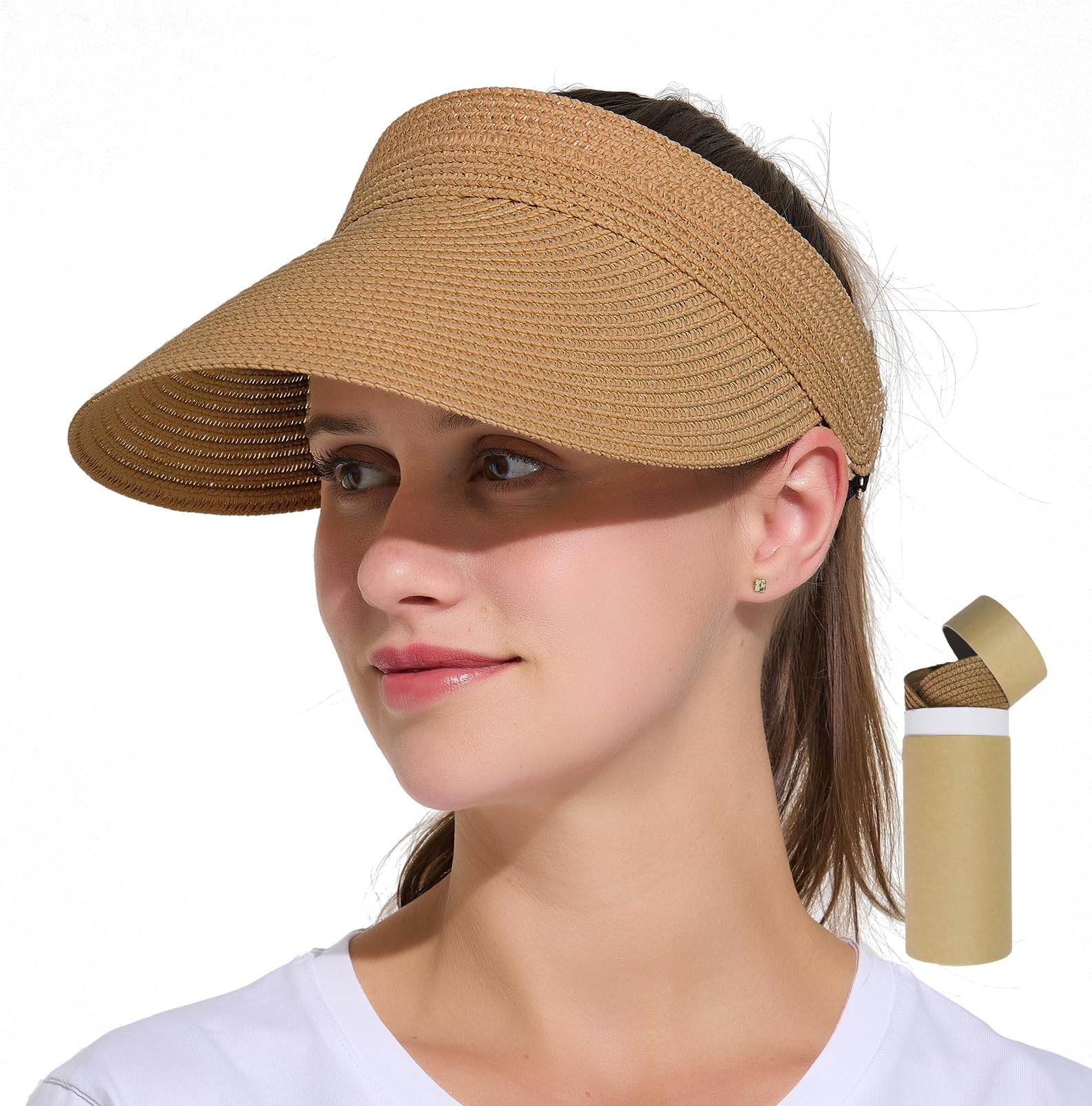 Facecozy Straw Visor for Women Wide Brim Beach Hats Women Foldable Ponytail Summer Sun Hats Women