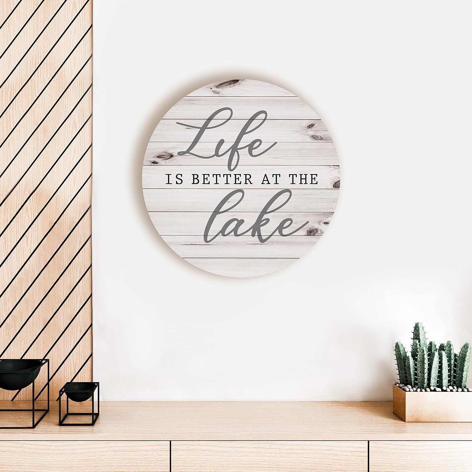 Kendrick Home Lake House Decor - Life Is Better At The Lake Whitewash Circle Lake House Wall Decor, Lake Signs and Accessories for Home, Round Lakehouse Decorations as Gifts, 16" x 16"