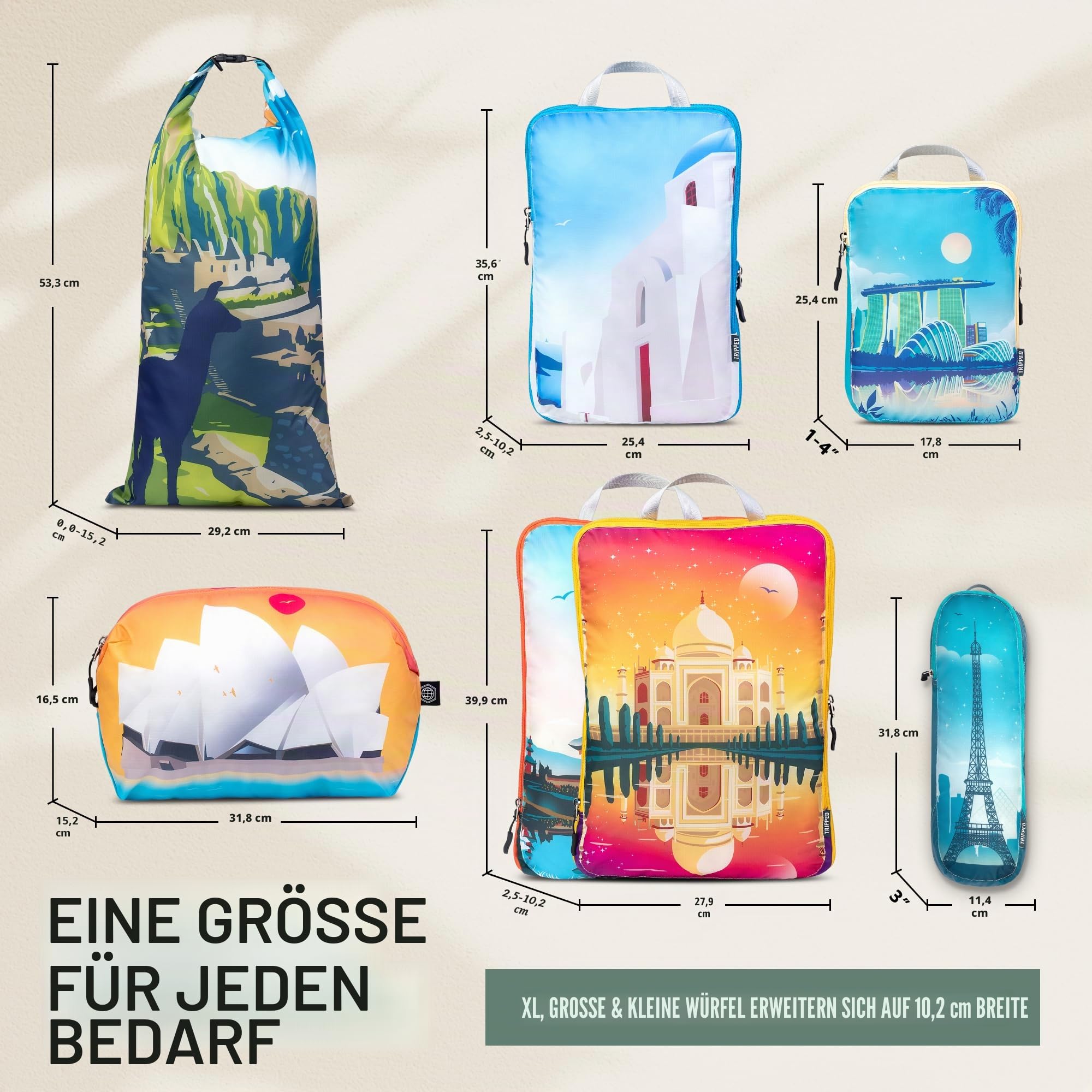 Große Packwürfel für Reisen, extra große Gepäck-Organizer, 7-teiliges Set, ultraleicht, erweiterbar/Kompressionsbeutel für Kleidung von TRIPPED Travel Gear (Bucketlist)