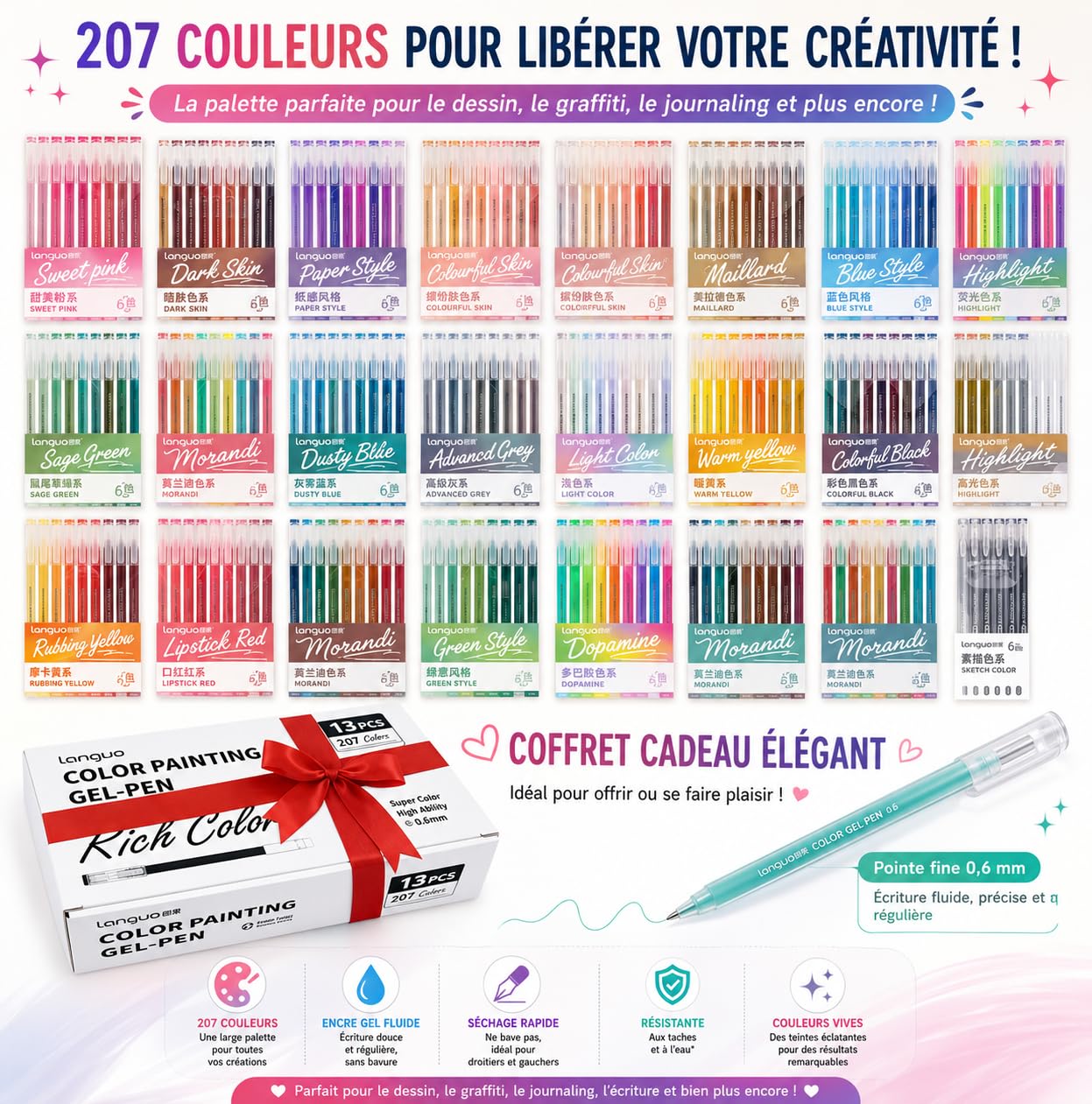 Languo - Lot de 213 Stylos Gel Couleurs - Stylo Gel pour Dessin, Coloriage, Griffonnage, Artisanat, Scrapbooking, journaling, loisirs créatifs