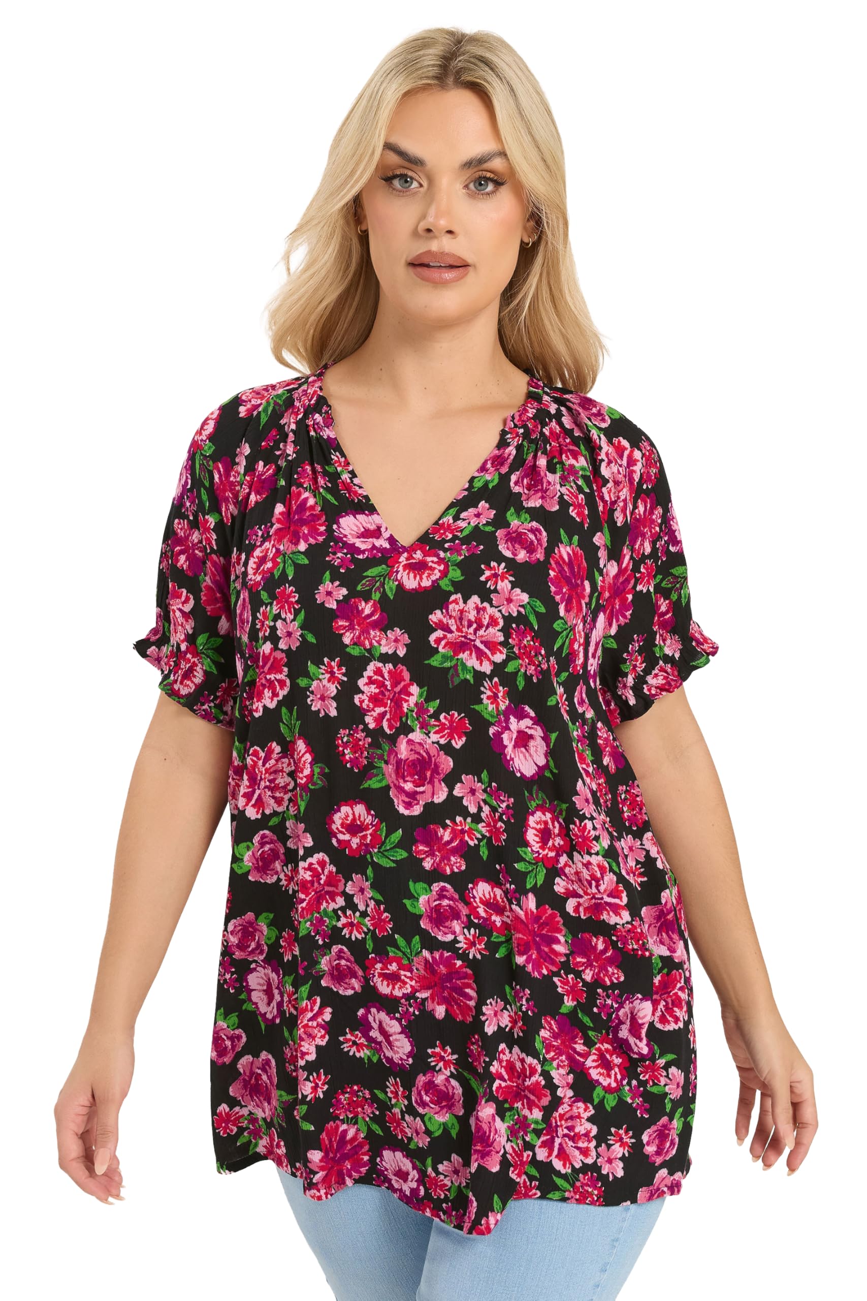 Yours Women's Black Floral Notch Neck Blouse In | Size: 18