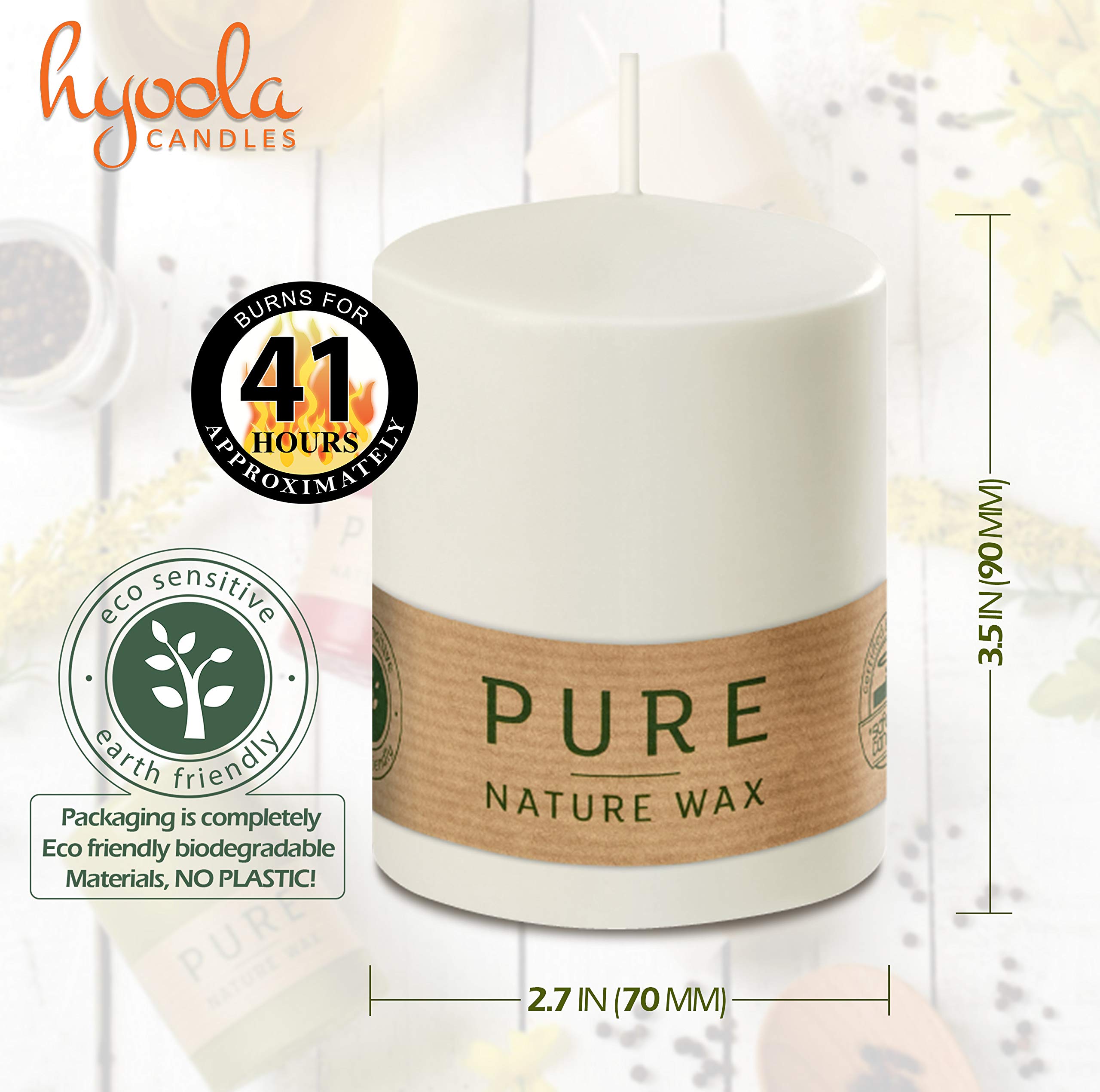 HYOOLA Pure Natural Pillar Candles - Made of 100% Natural Wax - Paraffin Free - 2.7 x 3.5 Inch - White