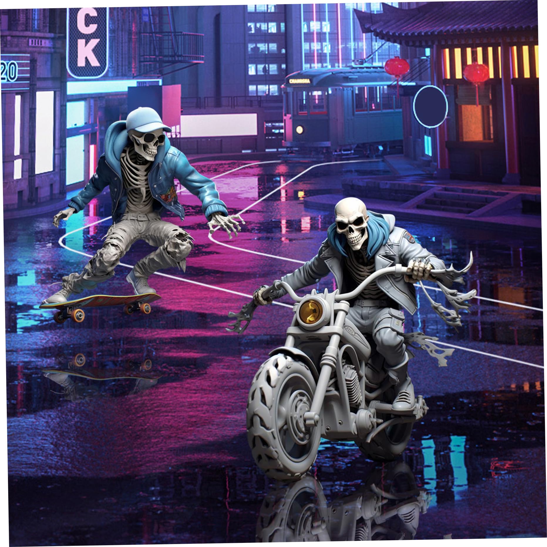 Figurines squelettes moto pour éviter une décoration d'Halloween banale