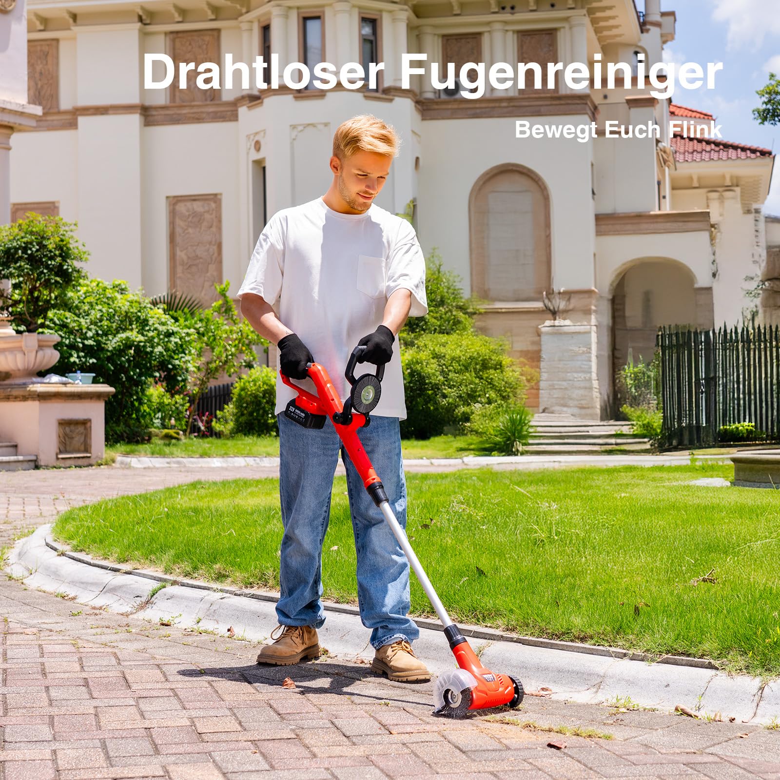 Akku Fugenreiniger 21V Unkrautbürste Elektrisch- Pflasterreiniger mit 2x 4.0Ah Akku, 120 Min. Laufzeit, Teleskopstiel 128cm für Terrasse & Gehweg, inkl. 3 Stahldraht- & 1 Nylonbürste, Fugenkratzer Set