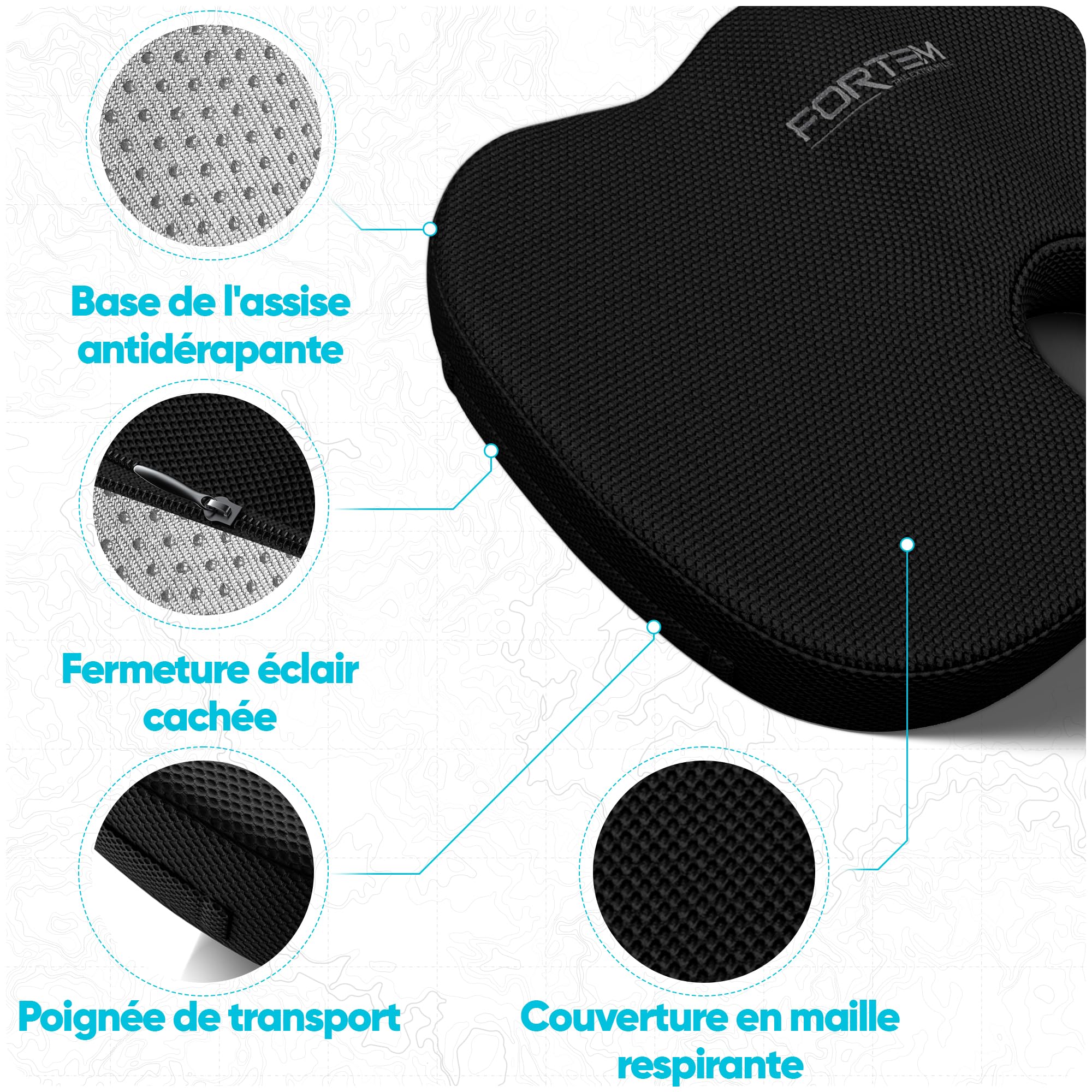 FORTEM Coussin Lombaire et d’Assise en Mousse à Mémoire de Forme, Antidérapant, pour Chaise de Bureau, Gaming et Siège Auto – Soutien Dos et Confort Prolongé