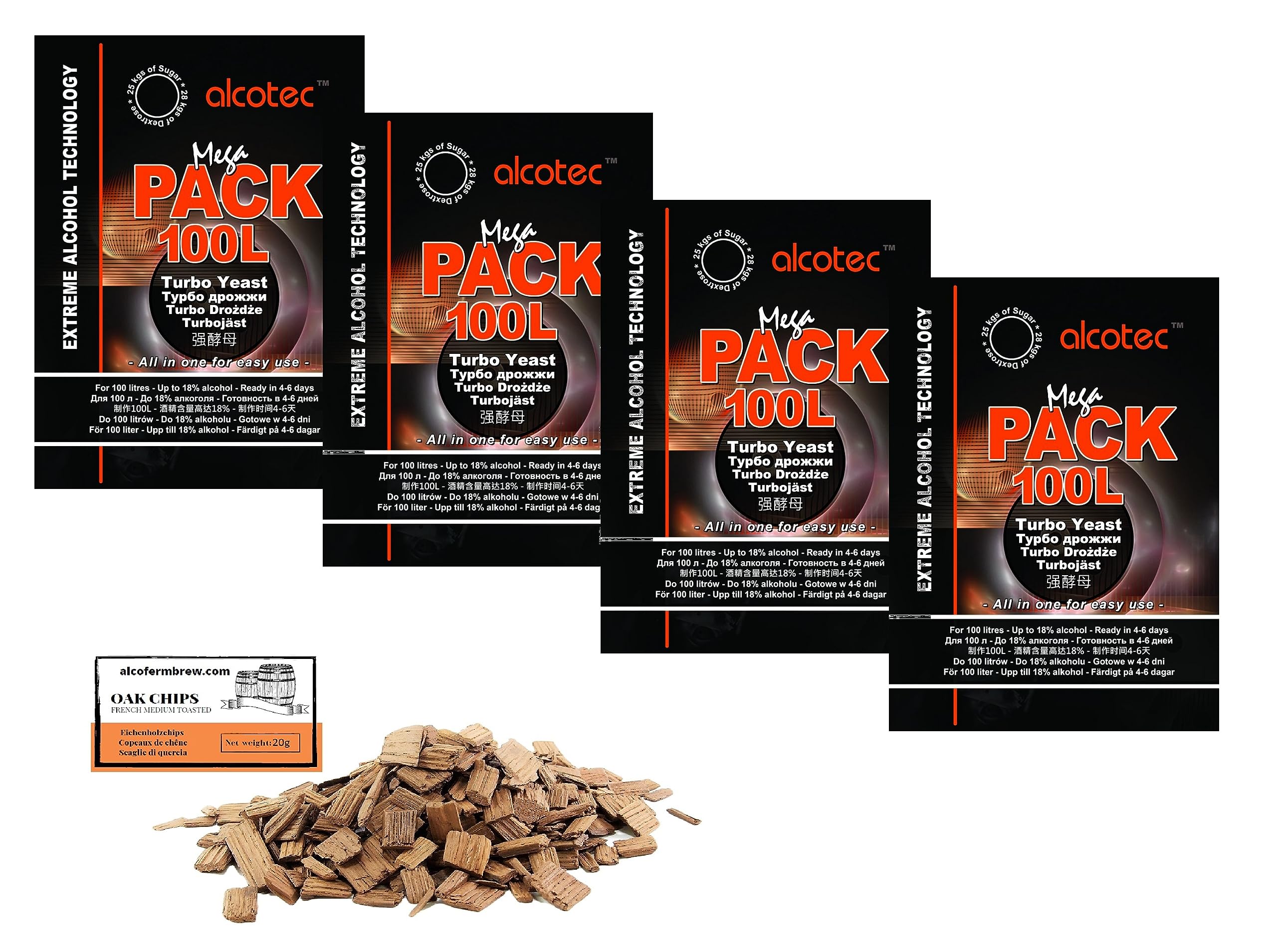 4 x Turbo Levure - Alcotec Mega Pack 360g, Levure pour la fermentation du sucre, Distillateurs Levure, Levure Rapide, Gnôle Alcool