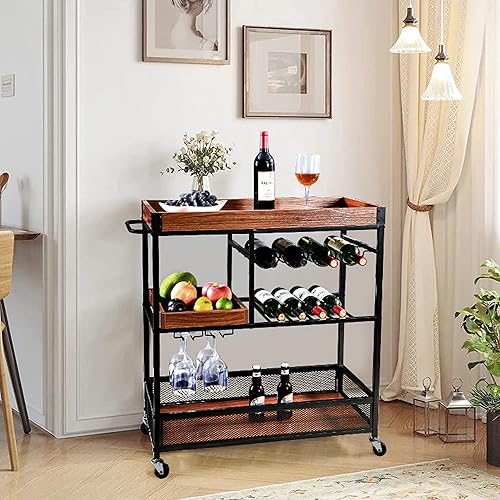 POLOPA Carrito de bar para cocina en casa carrito de servicio móvil de 3 niveles con estante para vino