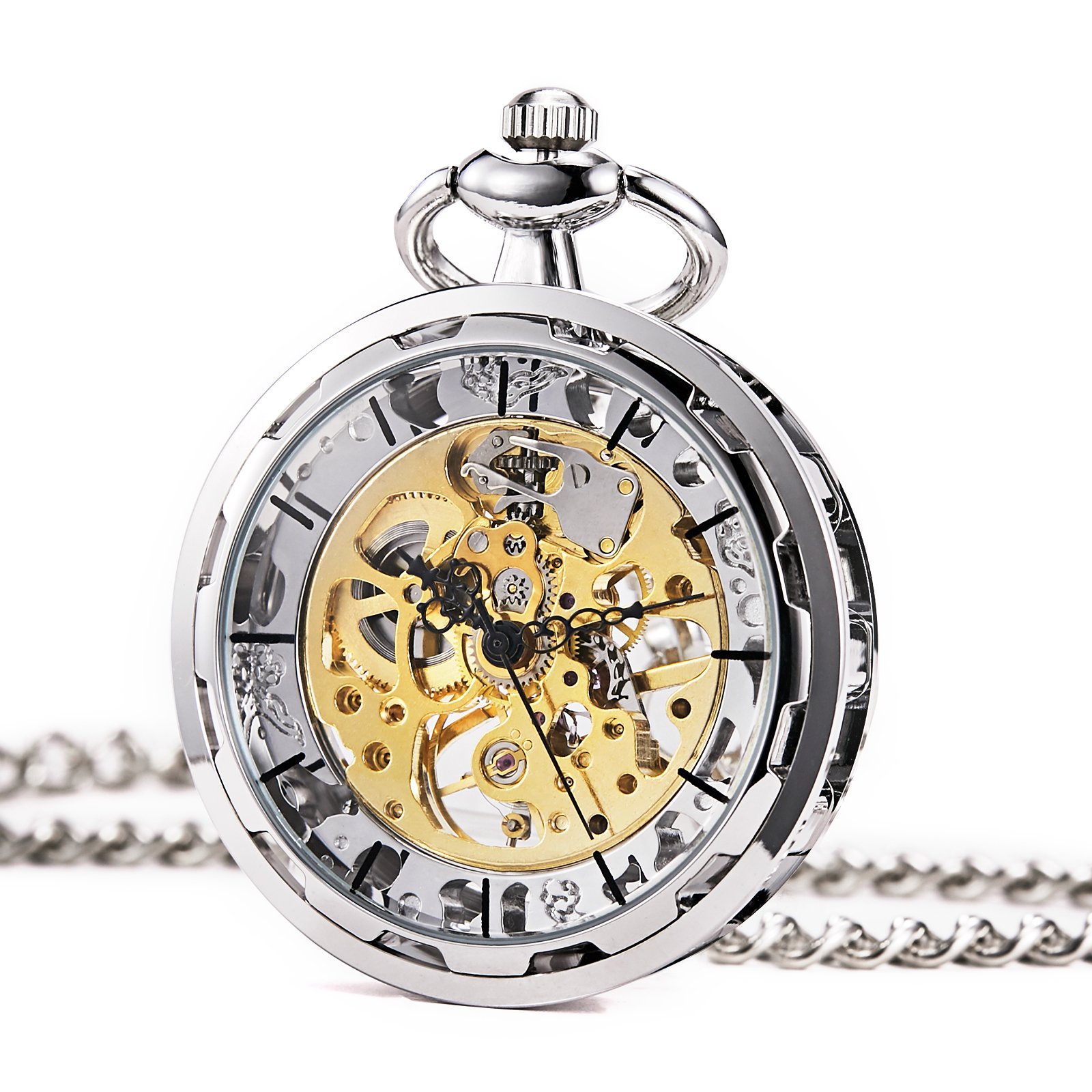 TREEWETO - Orologio scheletrato da uomo da tasca con catena, analogico, con carica manuale, movimento aperto