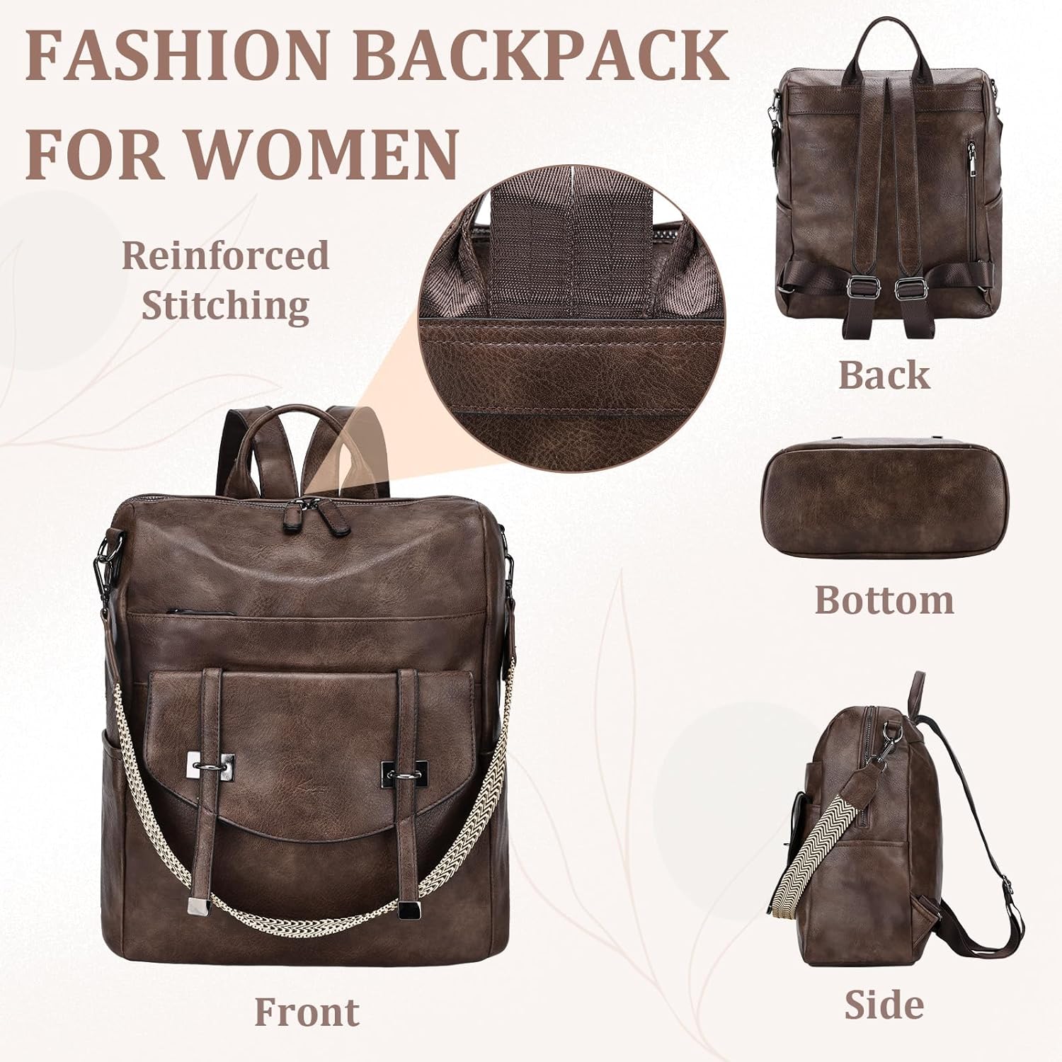 Kasqo Backpack Purse Set for Women,Vegan Leather Fashion Ladies Convertible Shoulder Bag Handbag Casual Daypack with Guitar Strap for Work Travel, Coffee - Image 6