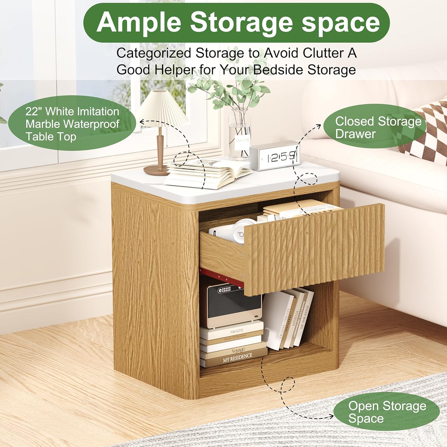 Yusong Night Stand, Wood Fluted Nightstand, 22" Large Bedside Table End Table with Faux Marble Wood Top, Modern Night Stands with Drawer Storage for Bedroom Living Room, Natural Oak