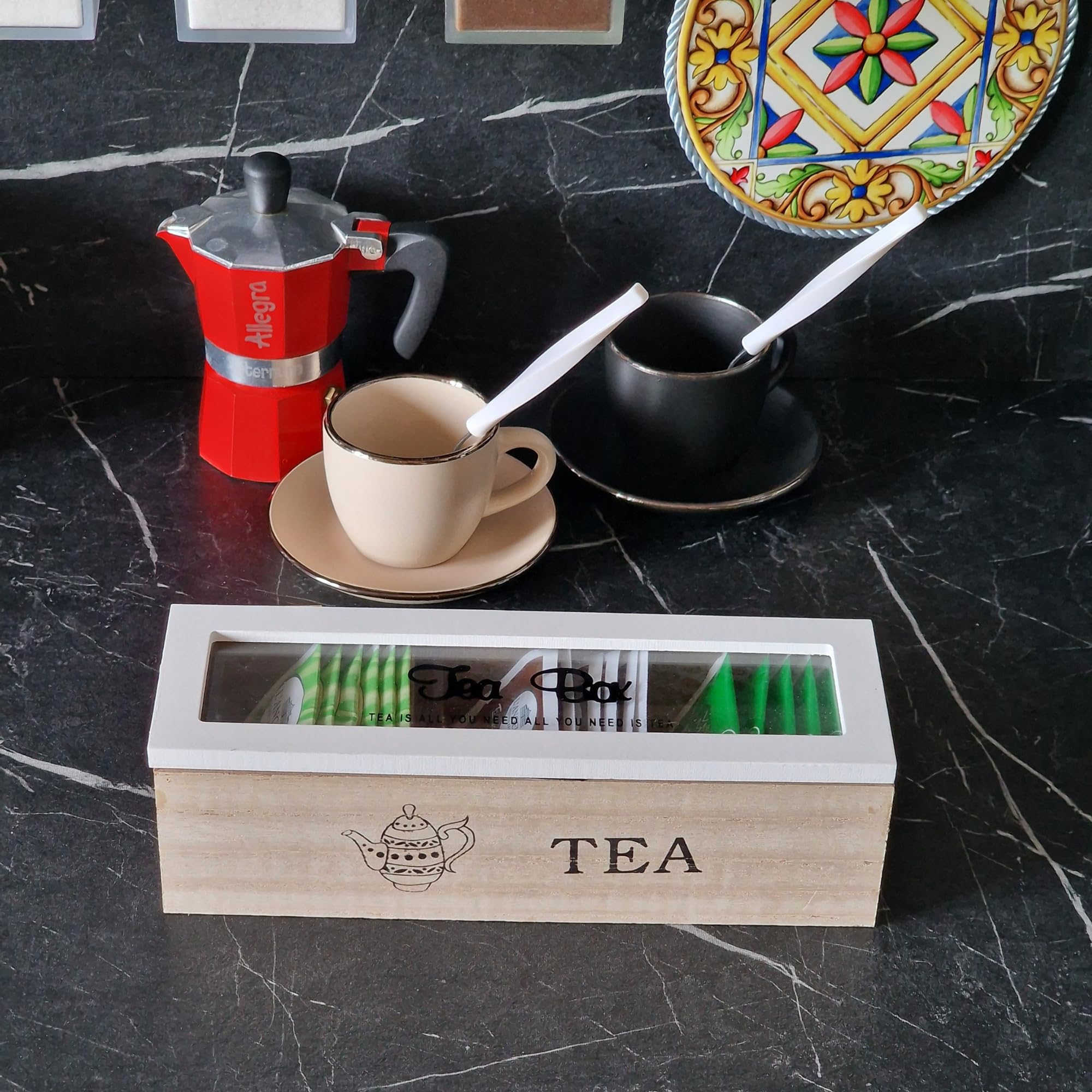 Caja portar infusiones de madera, 3 Tea Box, bolsitas blancas 24 x 8 x 7 cm