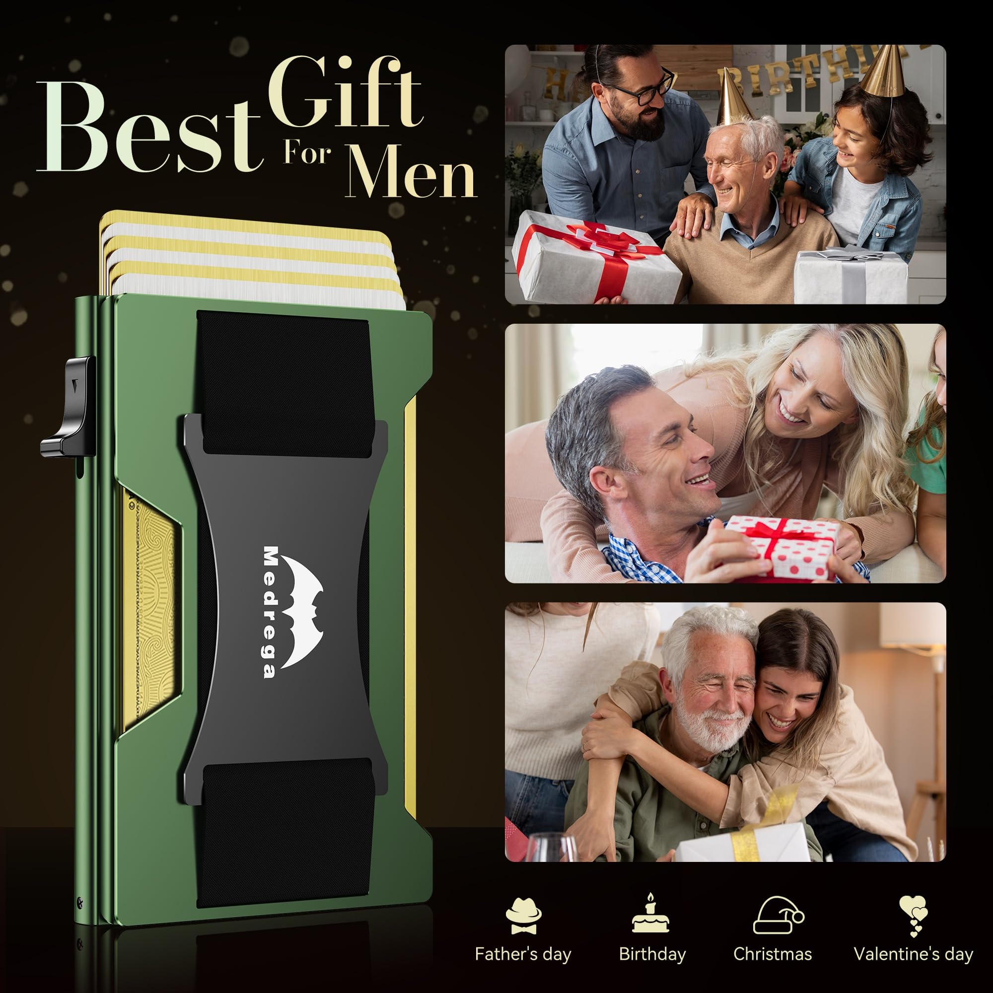 Cartera inteligente para hombre, delgada, minimalista: cartera desplegable de metal, bolsillo frontal RFID, tarjetero de crédito, regalo para marido masculino en aniversario, cumpleaños, Verde -Oliva