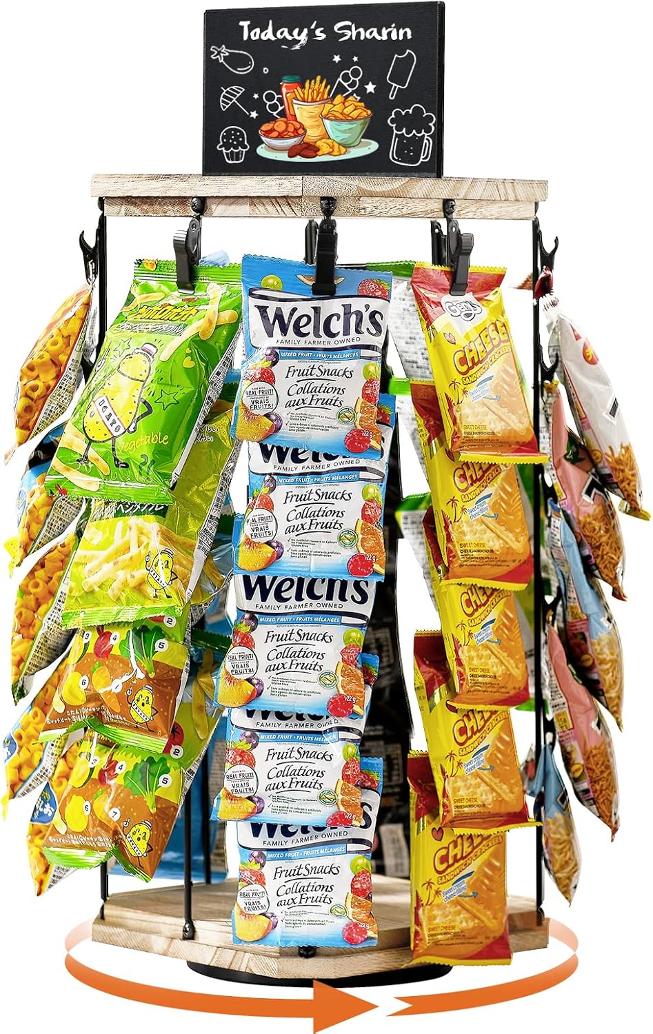 Pinzoveco Chip Rack Display Stand, 5 Tiers 40 Clips Snack Organizer for Office Desk, 360° Rotating Wooden Base Chip Holder Candy Display for Concession Stand, Countertop, Party, With Message Board