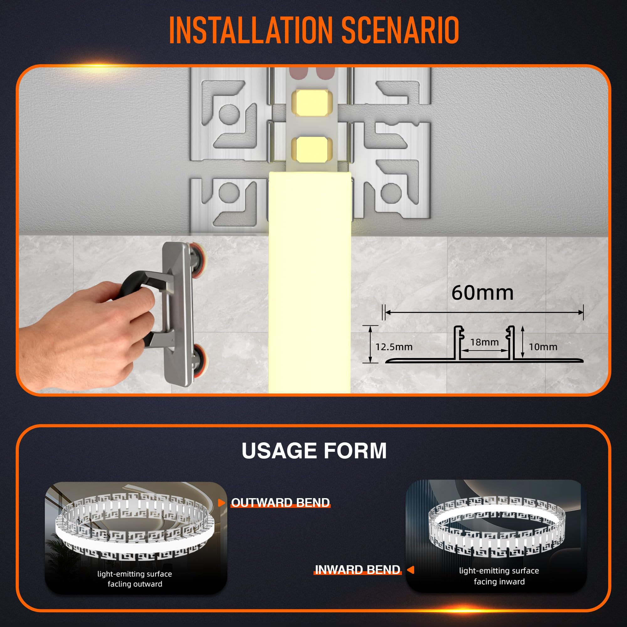 Profil do płytek LED, elastyczny, 2 m × 10 – giętki profil aluminiowy LED, do montażu na sucho, profil podtynkowy 60 x 12,5 mm, do taśm do 15 mm – profil montażowy do sufitu i ściany, krzywizny