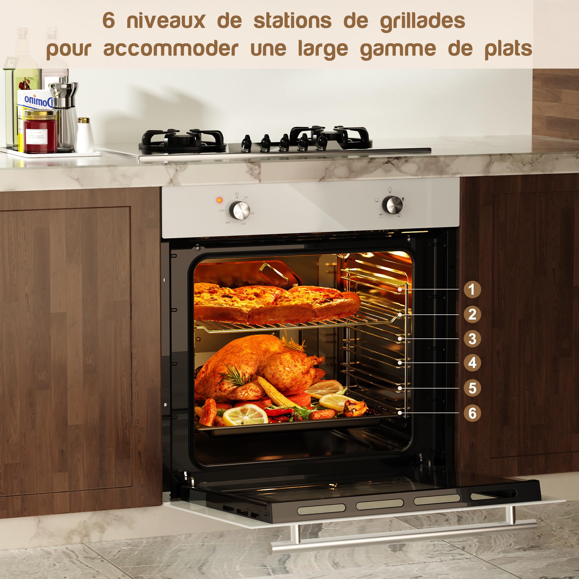 Four encastrable 60 cm Disaenvir, four encastrable blanc 4 fonctions, four avec fonction vapeur 65 L, fonction pizza 2,2 kW, grill, cuisson à chaleur tournante 3D sur 6 niveaux