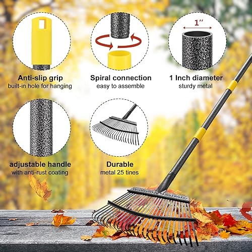 Miniatura 2 de COCONUT Rastrillo de hojas de metal ajustable de 6 pies y agarre para césped, resistente, 25 dientes, patio, césped, mantillo, arbusto, cama de