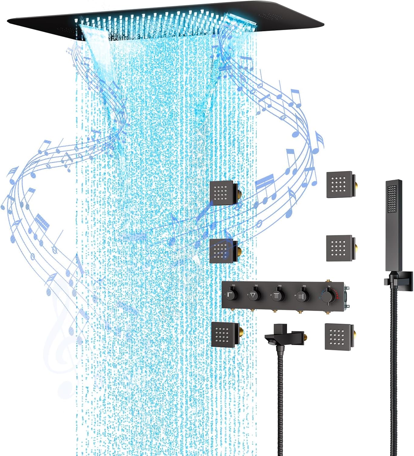 Full Body Shower System with Body Jets, 23 Inch Thermostatic Rain Waterfall Shower System with Tub Spout, Luxury Multi Shower Head System with LED Music
