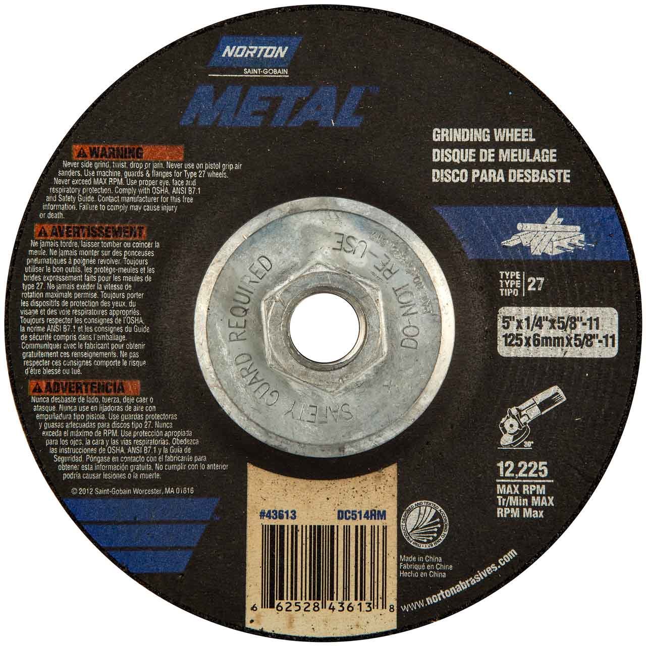 Norton Metal Depressed Center Abrasive Wheel, Type 27, Aluminum Oxide, 5/8