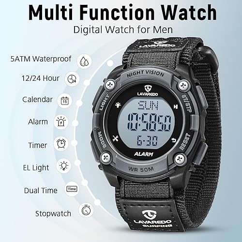 Miniatura 4 de NN BEN NEVIS Reloj digital para hombre, reloj deportivo al aire libre, impermeable, con alarma, calendario, cronómetro, cronógrafo, luz trasera