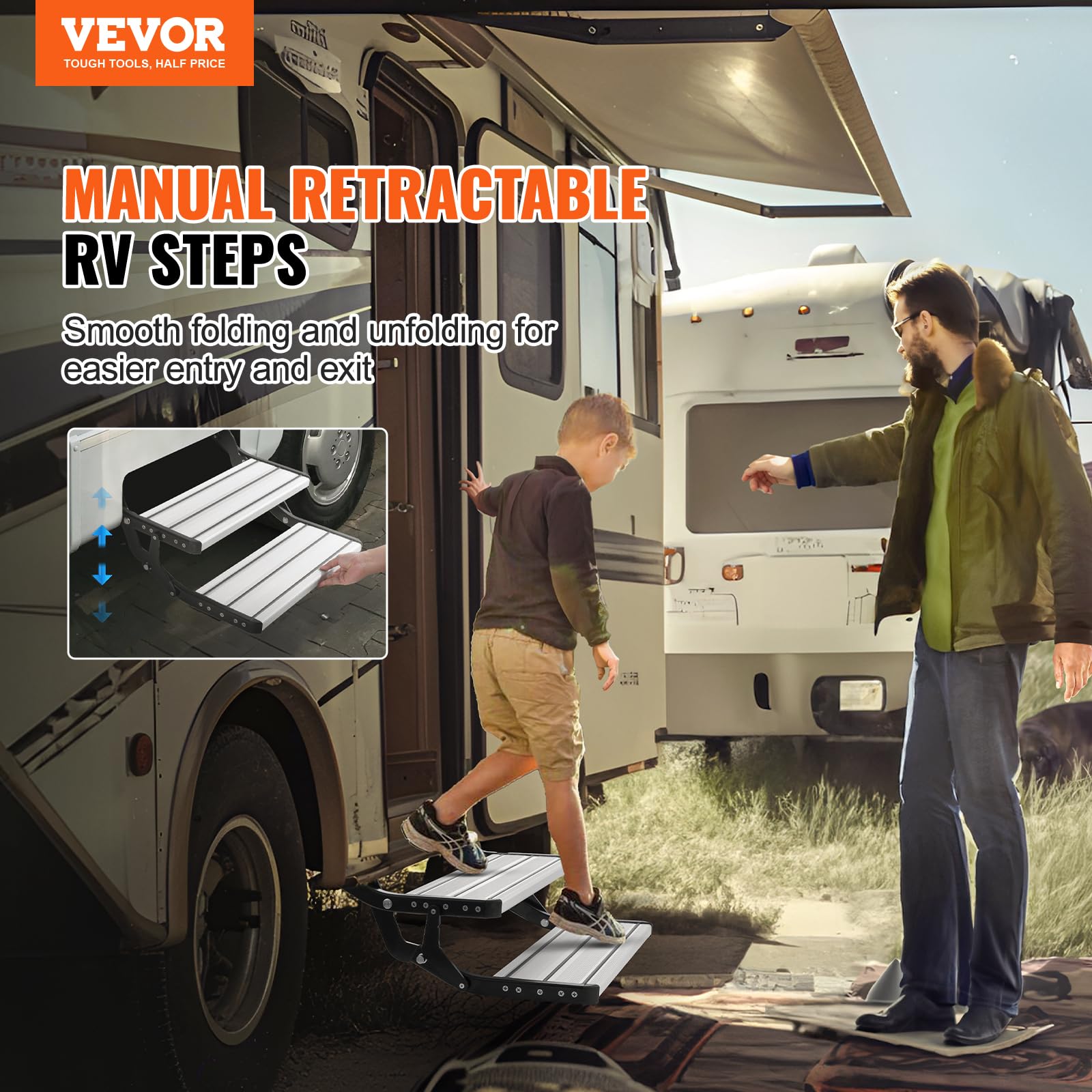 VEVOR Escalera para Vehículo Recreativo de 2 Escalones Carga de 199,58 kg Escaleras Retráctiles Manuales Antideslizantes de aleación de Aluminio, para Vehículos Recreativos, Remolques, Autocaravanas