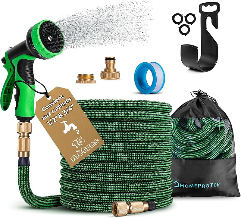 HOMEPROTEK Tuyau d'Arrosage Extensible 15m - Tuyau d’Eau Réglable avec 1/2'' et 3/4'' (19mm et 13mm)