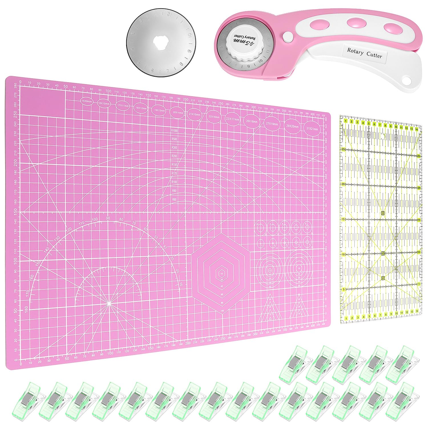 QWORK® 45 mm Cortador de Giratorio Tela Set, Alfombrilla de Corte A3, Pinzas de Tela y Regla de Patchwork, para escuelas y familias