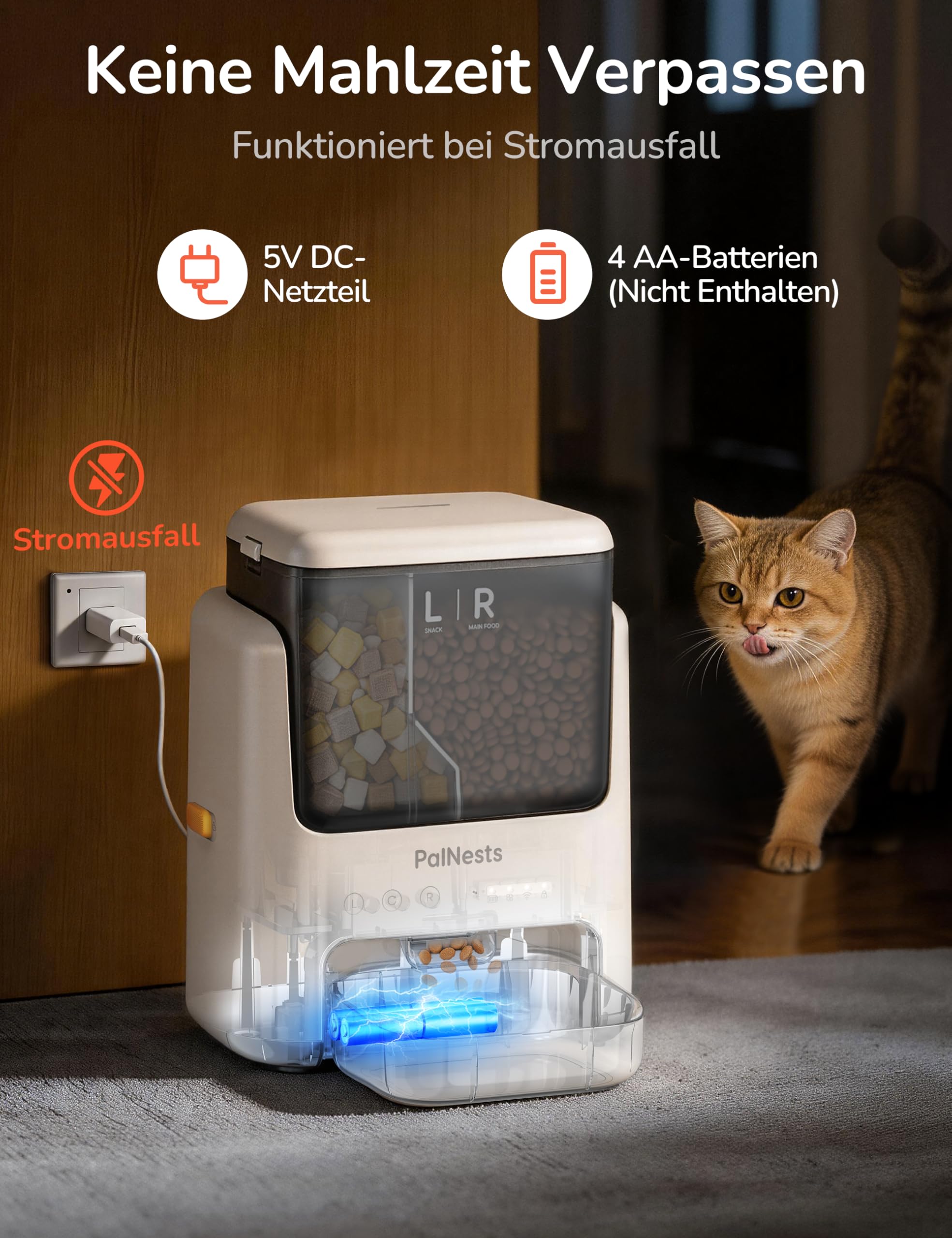 Futterautomat Katze 5L, PalNests Automatischer Futterspender für Katze und Hund mit Edelstahlnapf, Doppelbehälter-Tierfutterspender mit Trockenmittel, Katzenfutter Automat mit Einem Knopf und APP